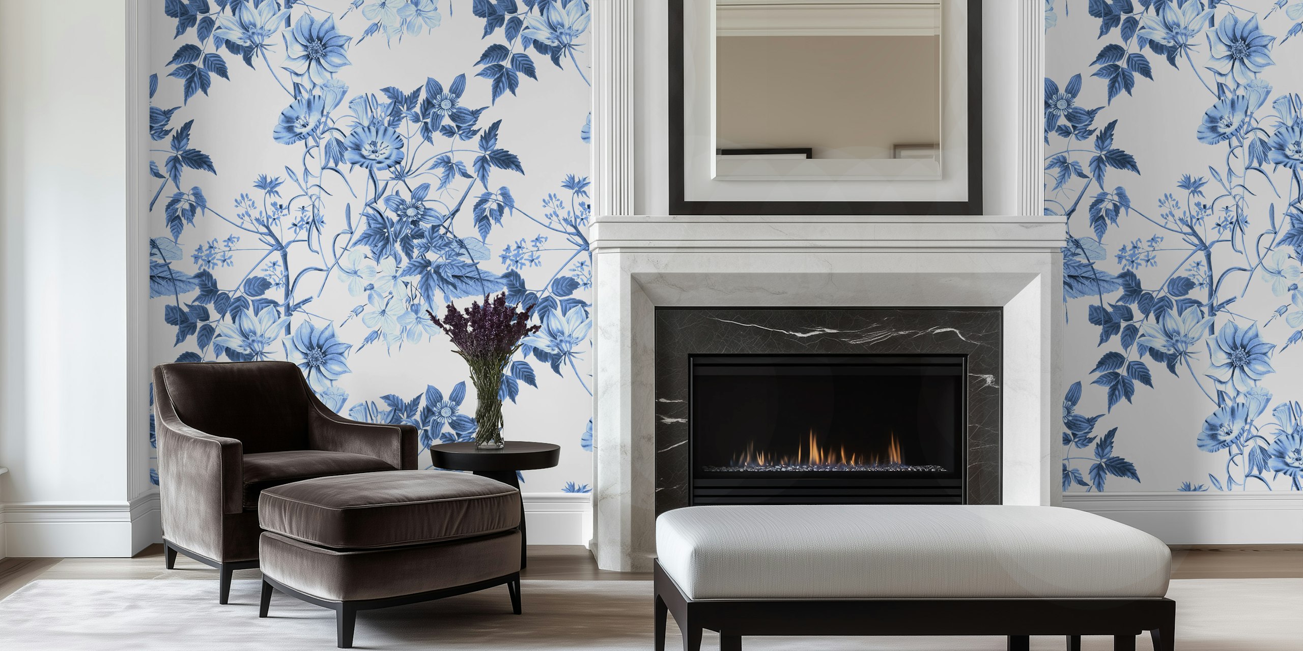 Fresh blue flowers wallpaper in a room