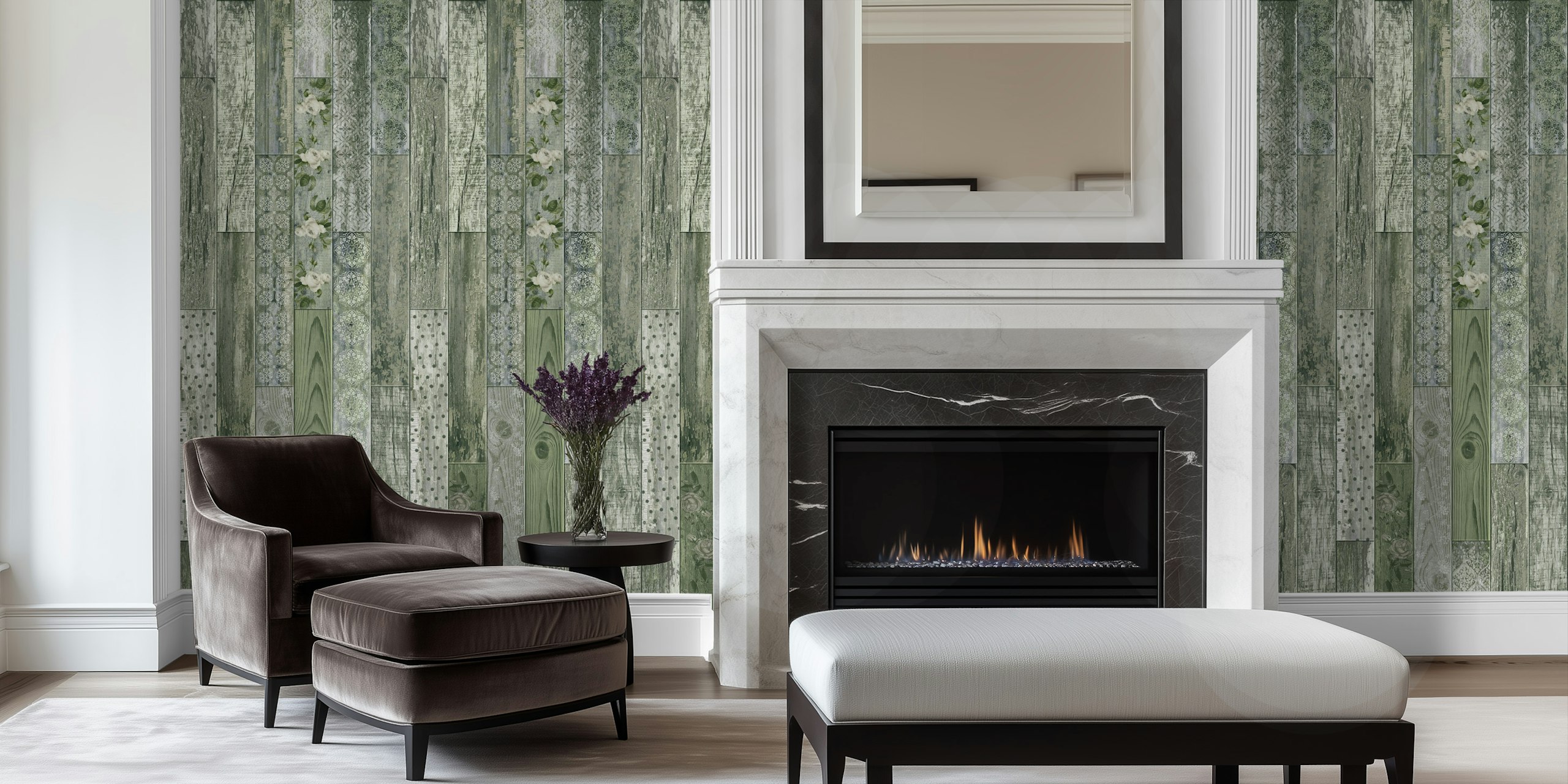 Vintage wood tiles pattern in green and gray with floral designs wallpaper