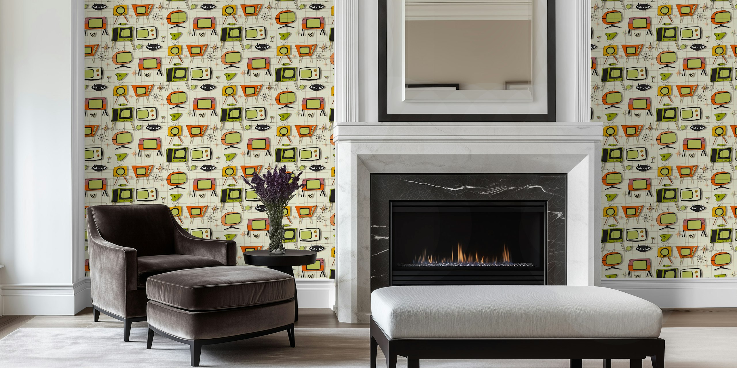 Retro television designs in orange and green on beige wallpaper