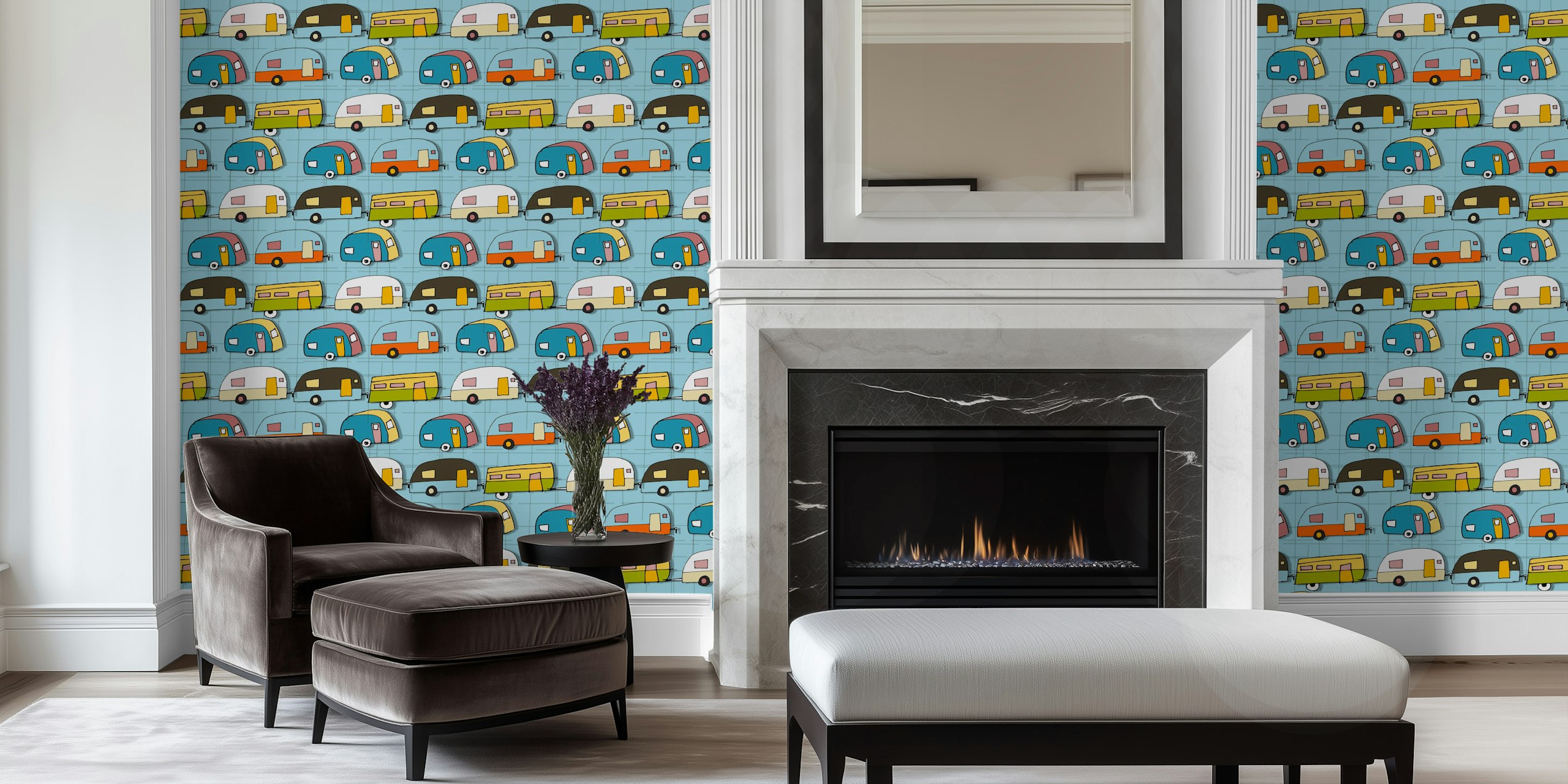 Colorful retro campers pattern on light blue wallpaper