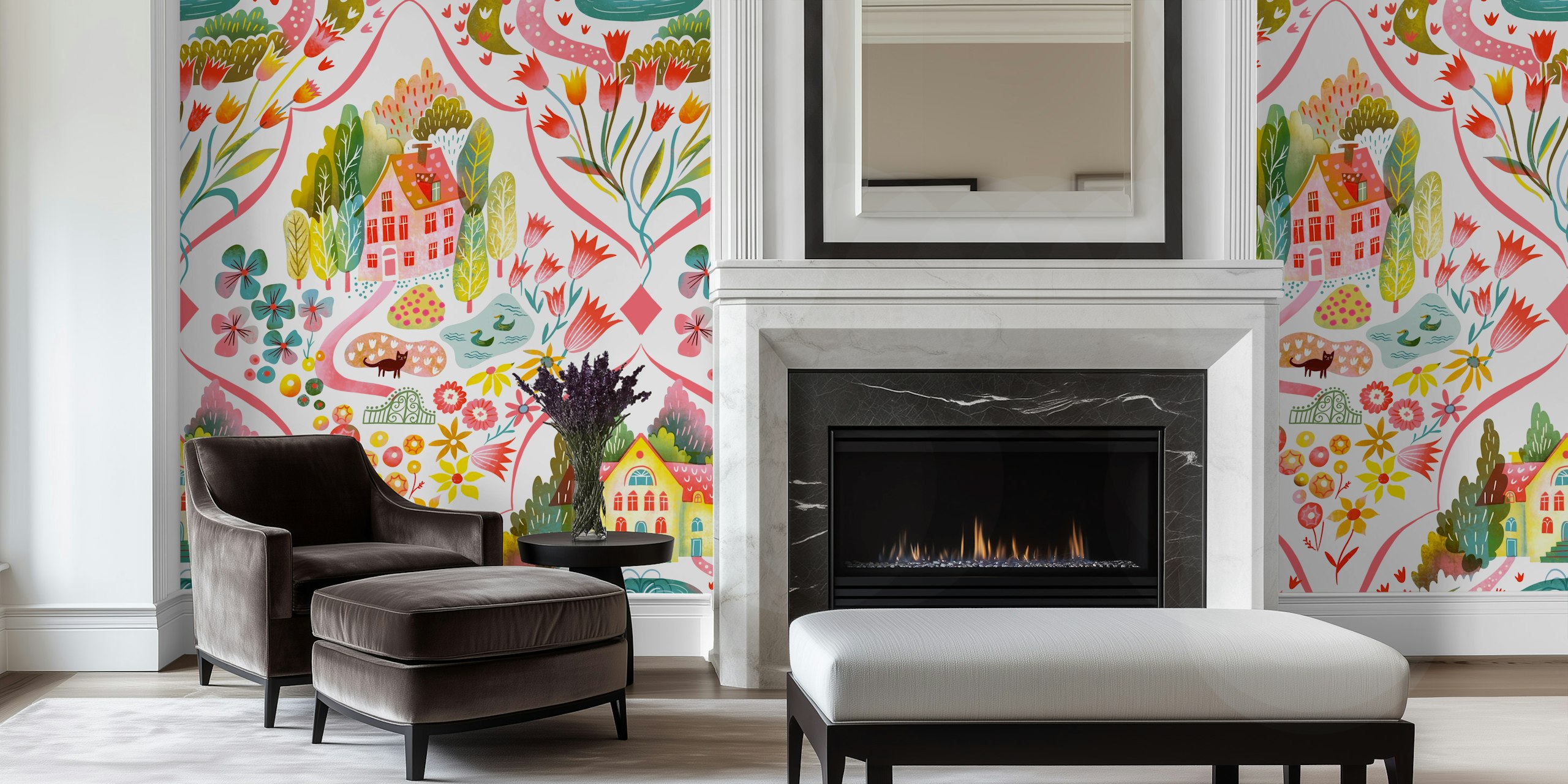 Blooming garden houses wallpaper in a room