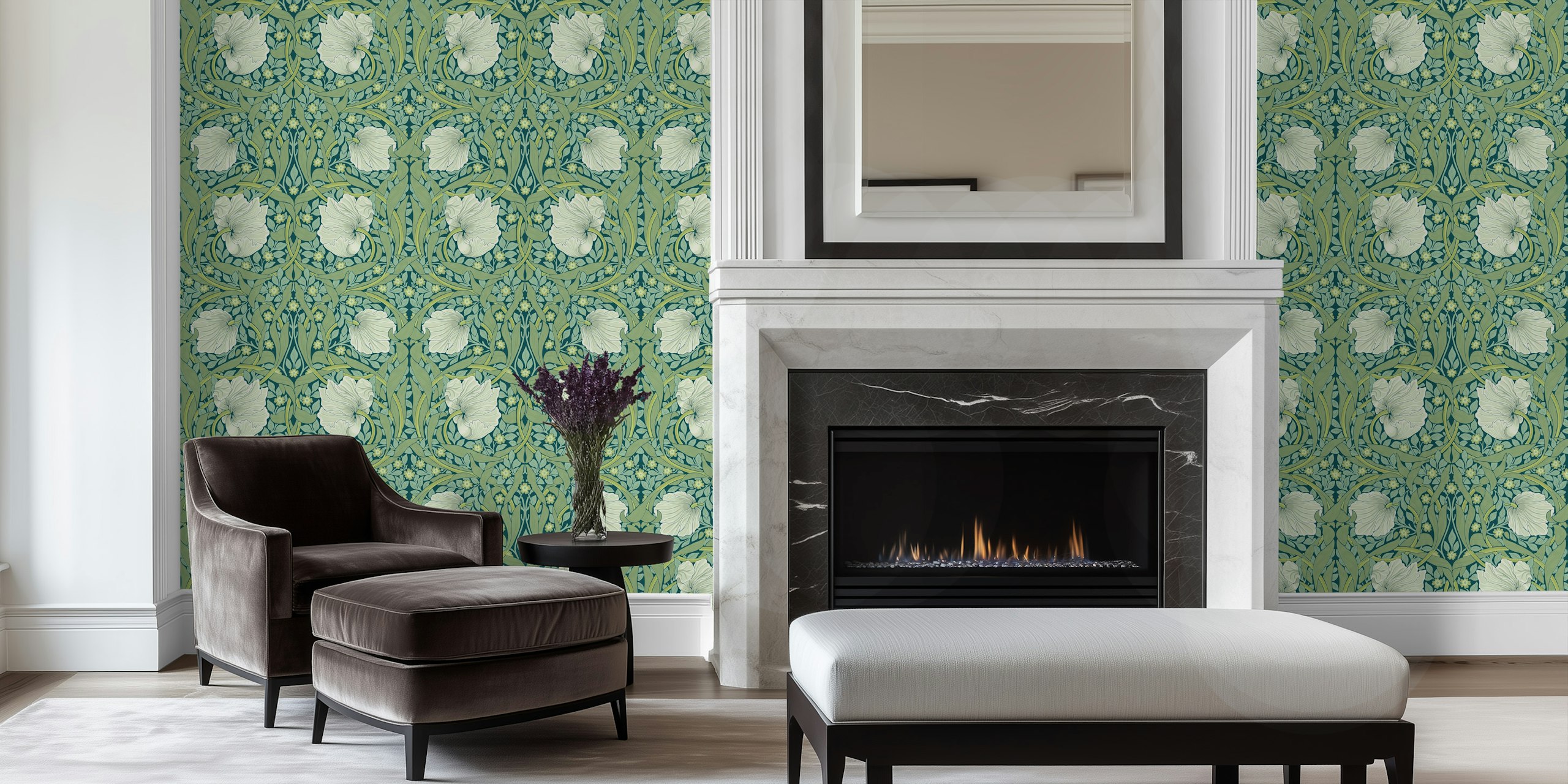Floral wallpaper featuring white flowers and green leaves on teal background in Victorian style.