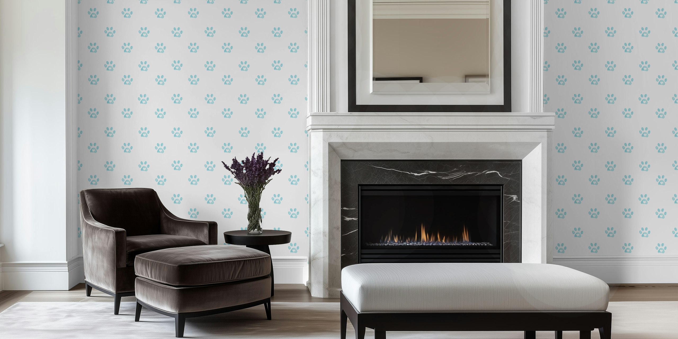 Cute blue paw prints with hearts on white wallpaper