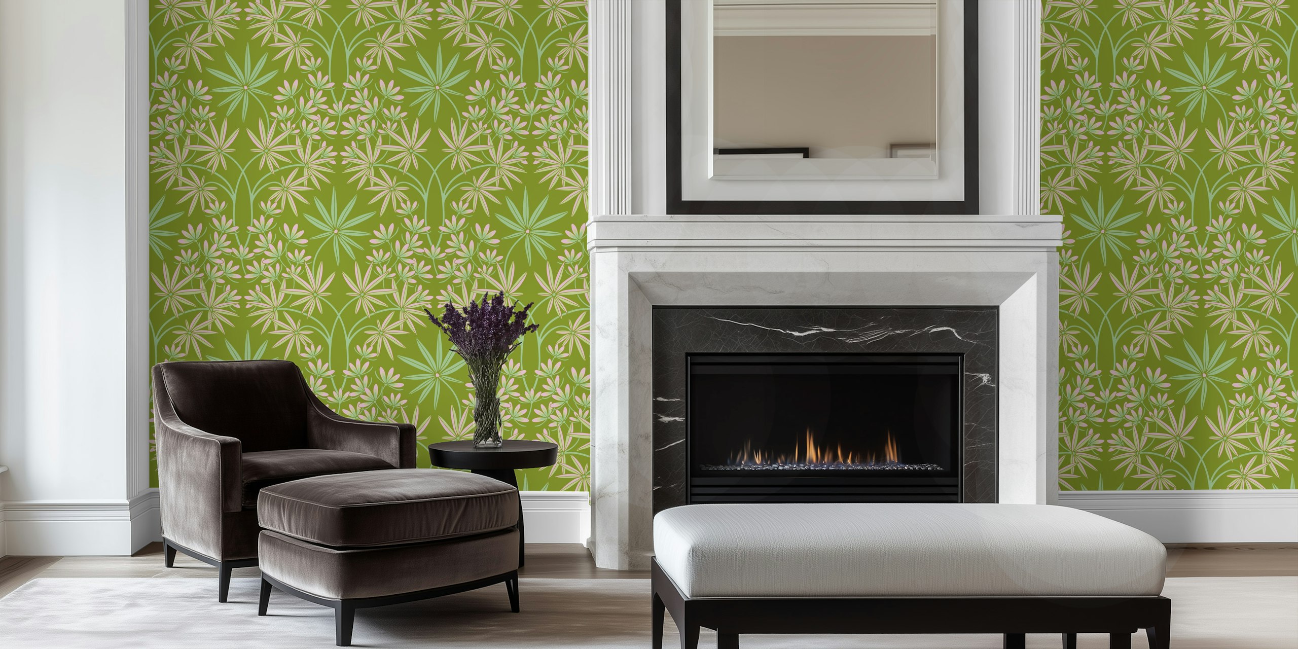 Floral damask wallpaper in spring green