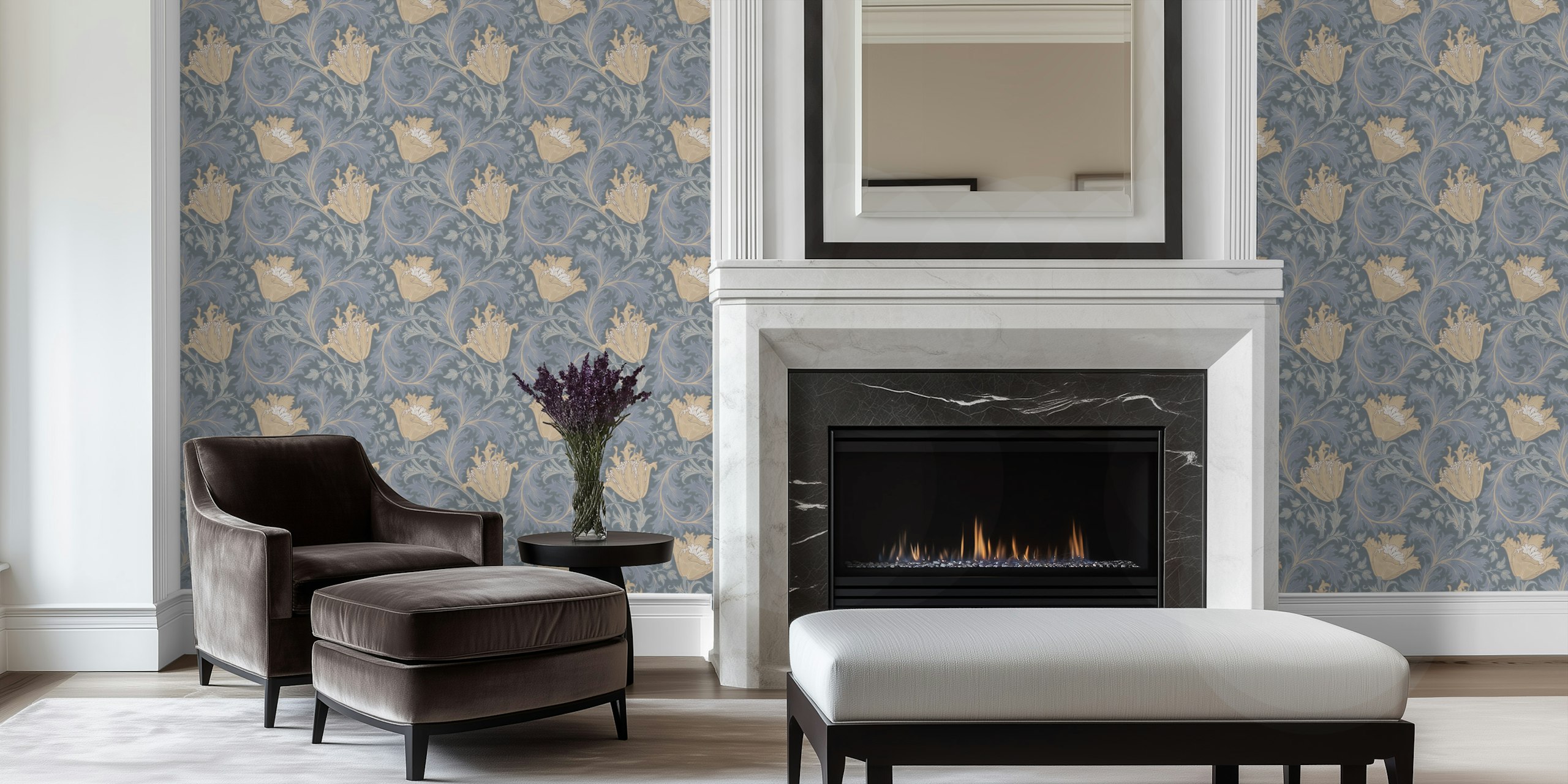 Floral pattern wallpaper in slate blue and beige with vintage botanical design