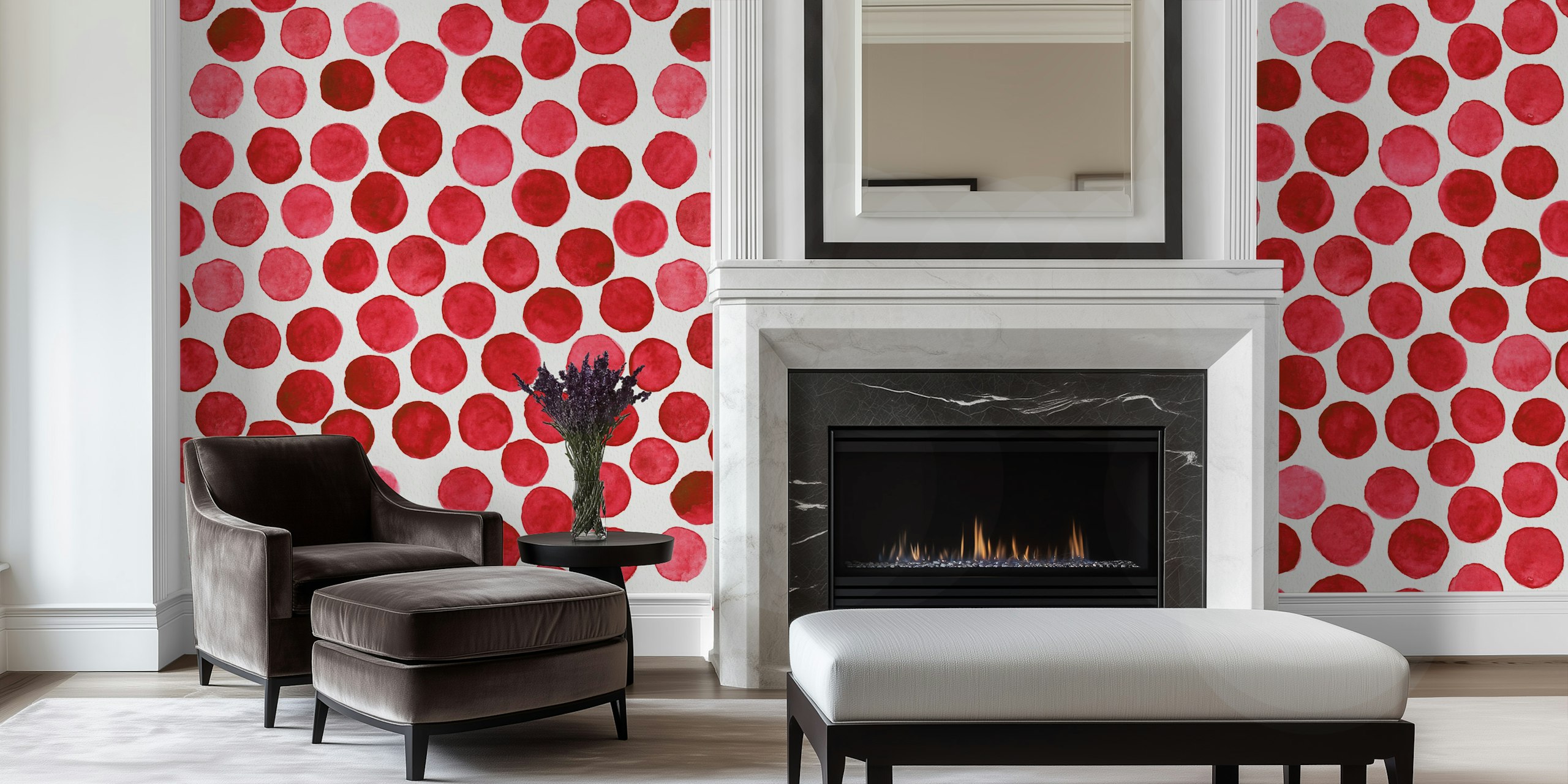 Red watercolor dot pattern wallpaper with various sized circles on a white background.