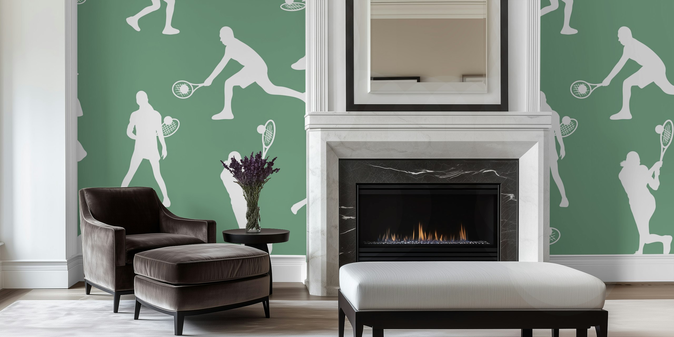 Silhouettes of tennis players in various poses on a green background wall mural