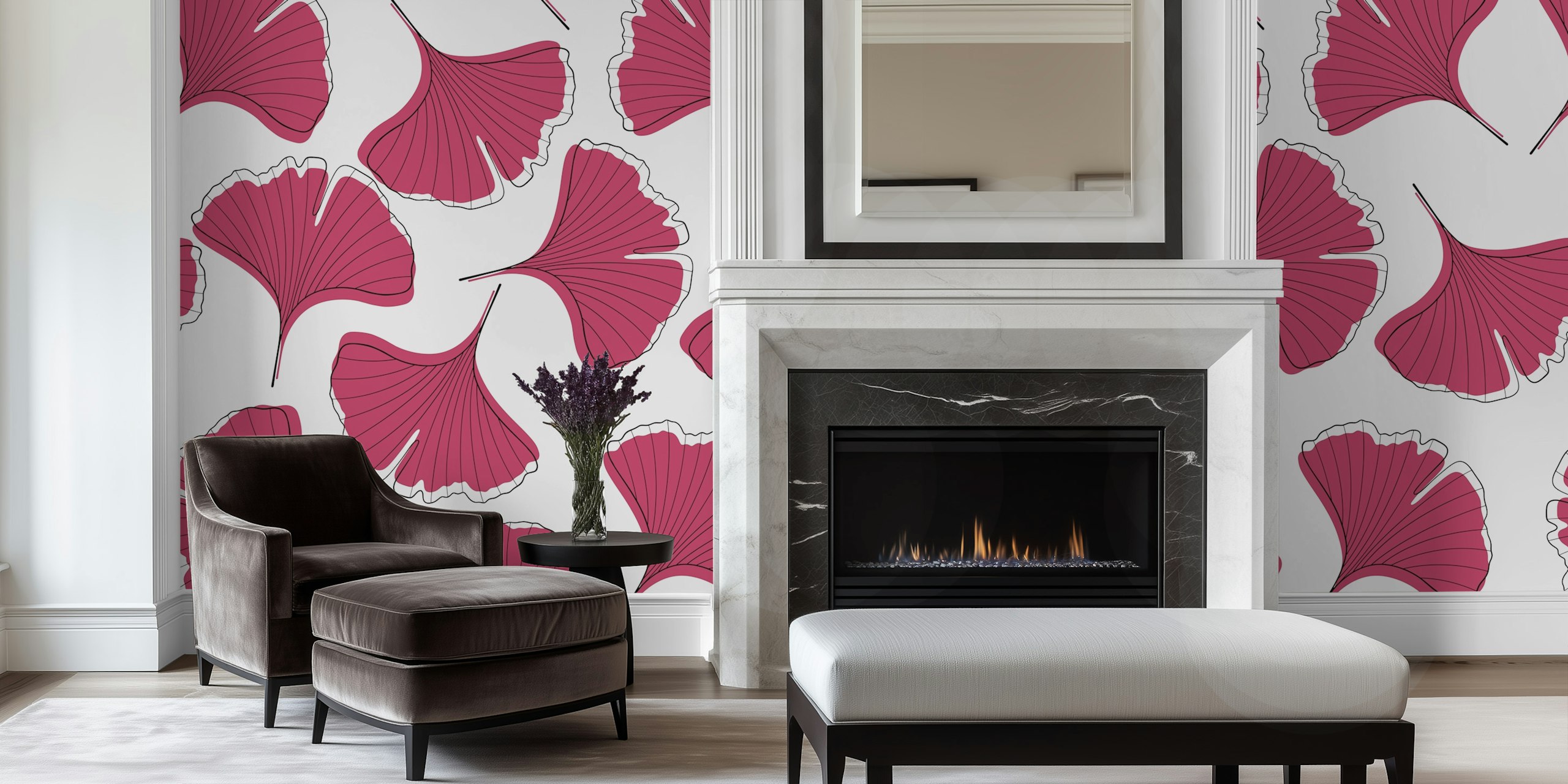 Pink Ginkgo Biloba leaves pattern on white background wallpaper