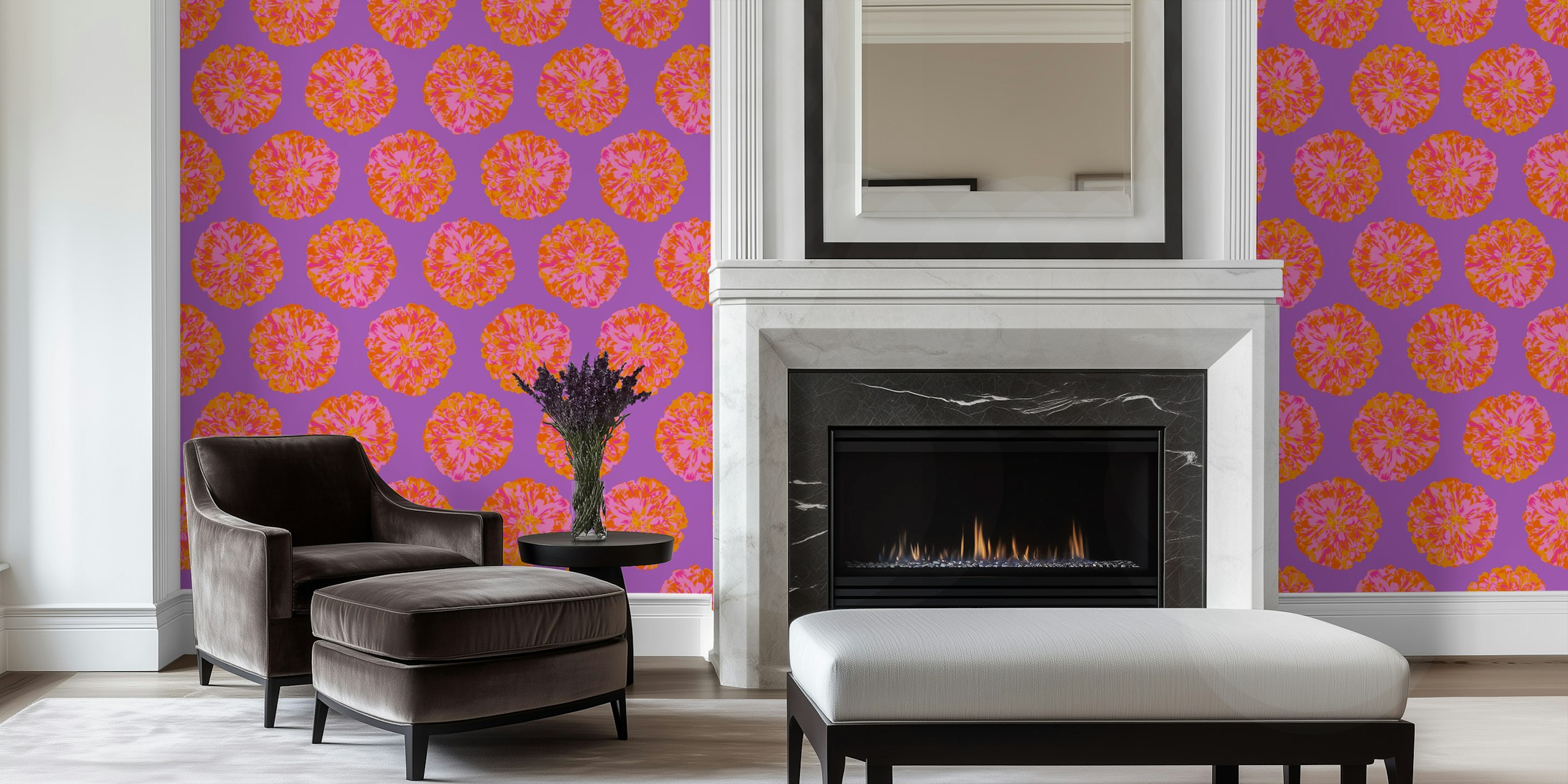 Floral wallpaper design in orange and violet