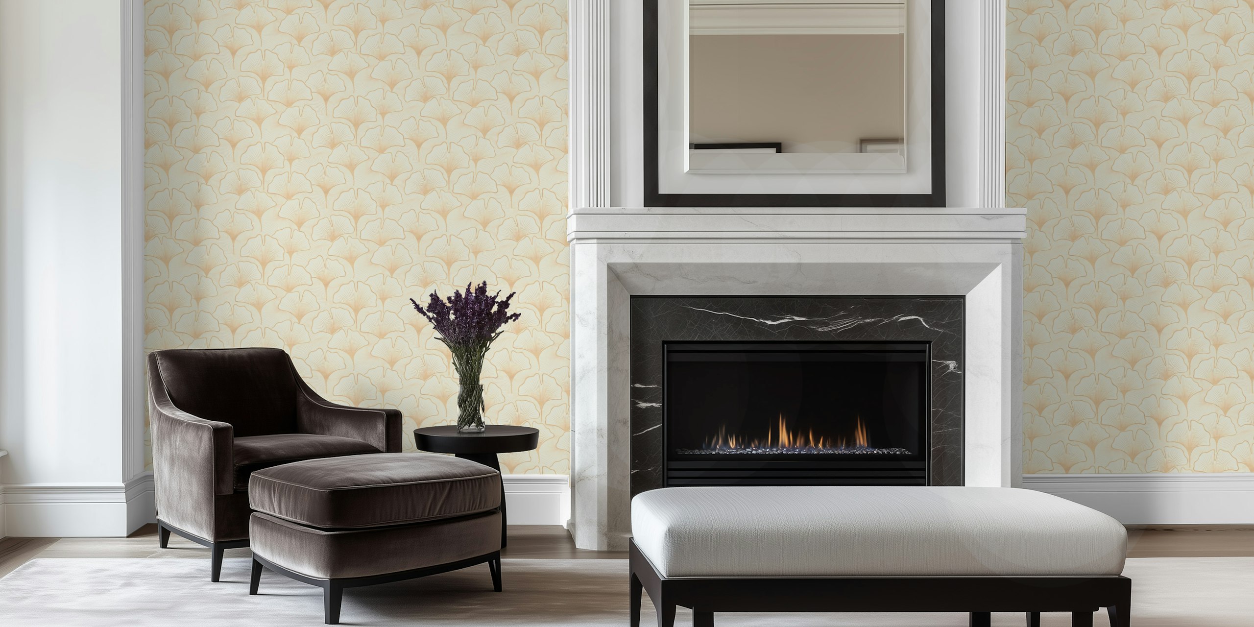 Stylized ginkgo leaves pattern in beige wallpaper