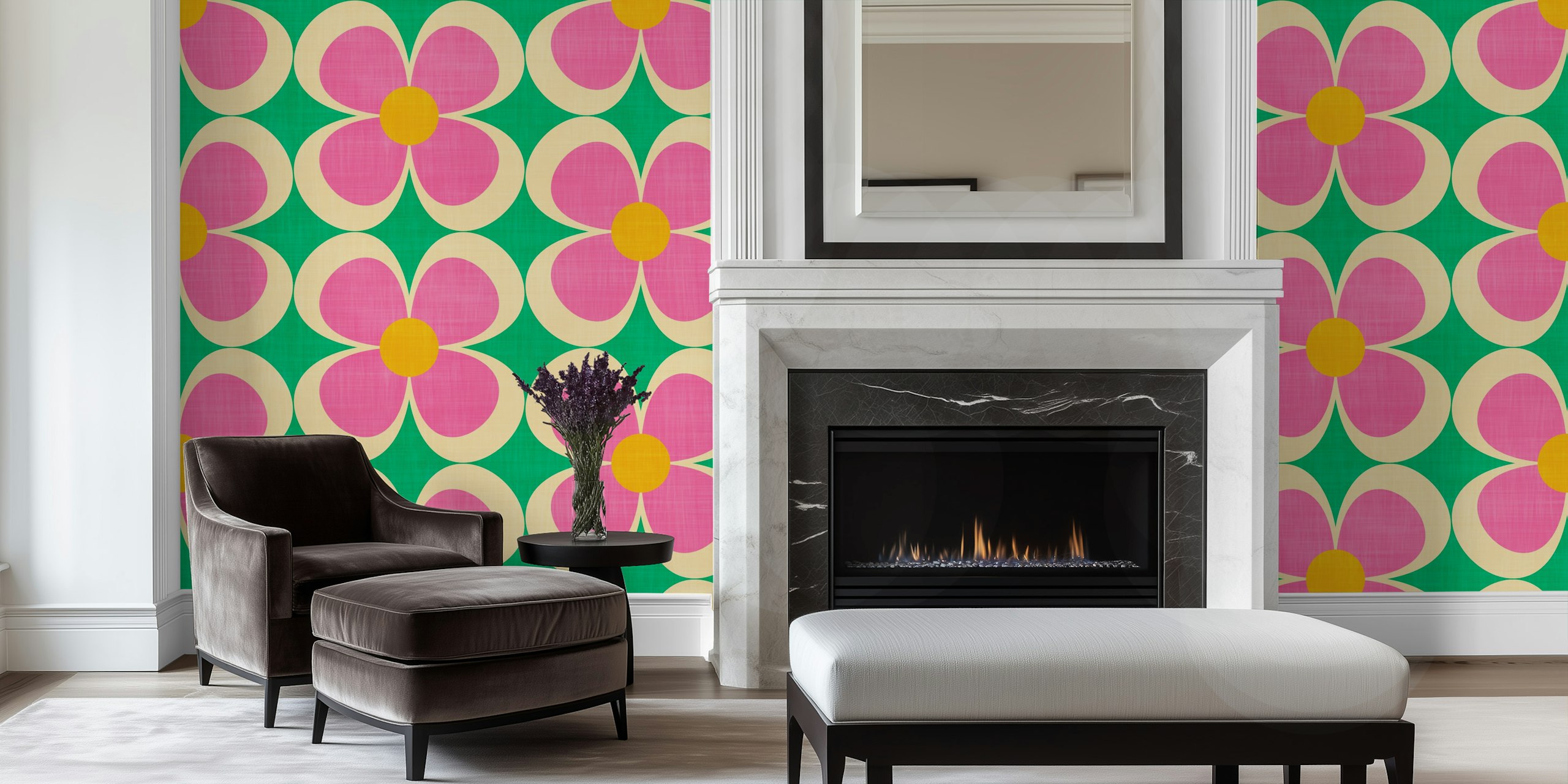 Geometrische Blumen-Tapete im Retro-Stil in Rosa und Grün