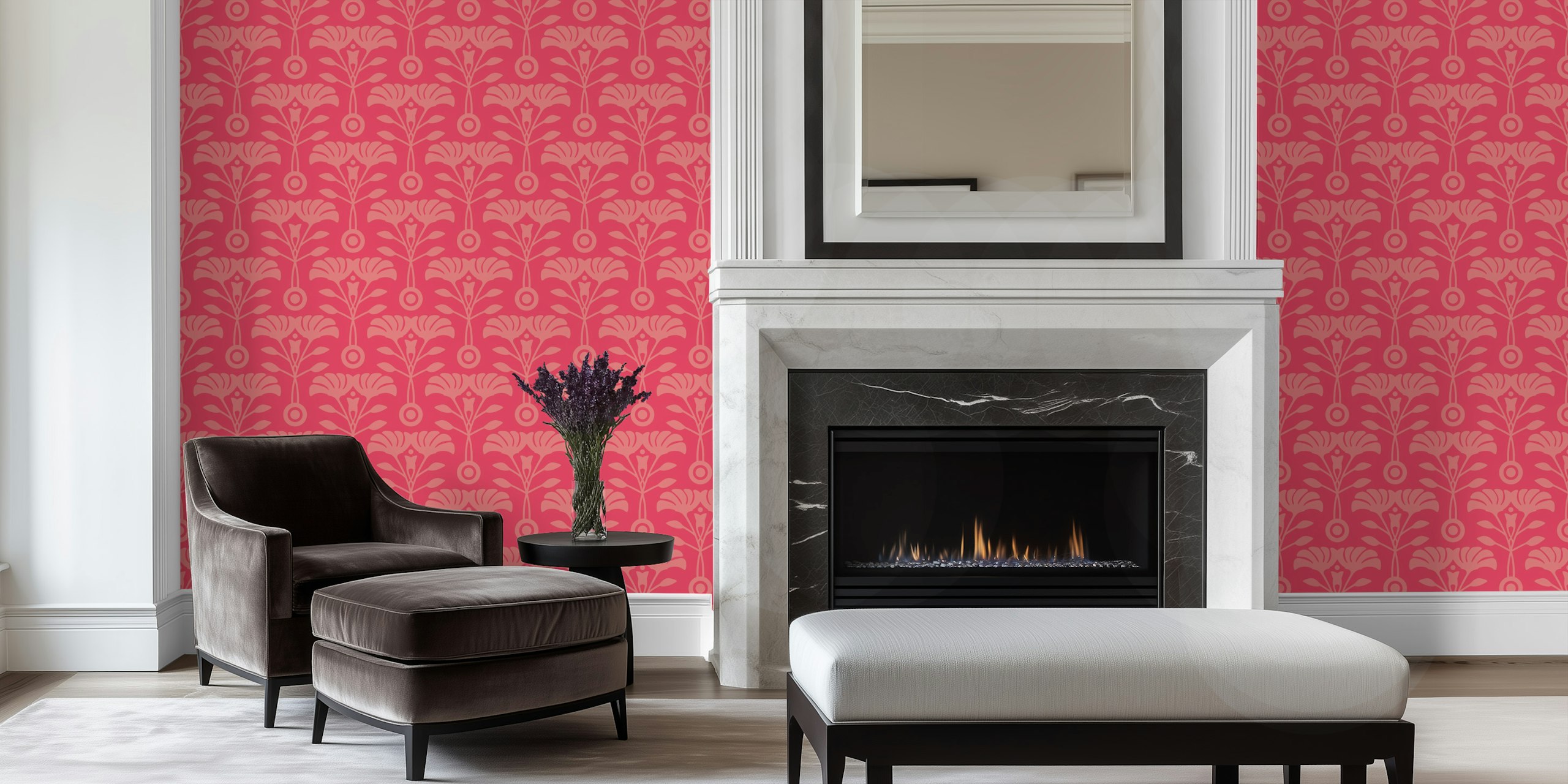 Red floral repeating pattern wallpaper in Art Nouveau style