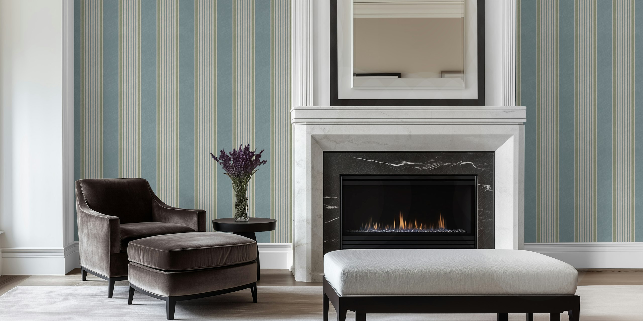Antique stripes in slate blue and sage green wallpaper