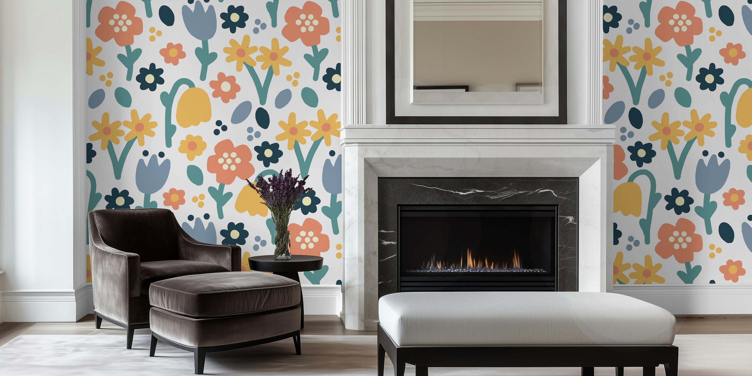 Colorful floral design with pink, blue, yellow, and green elements wallpaper