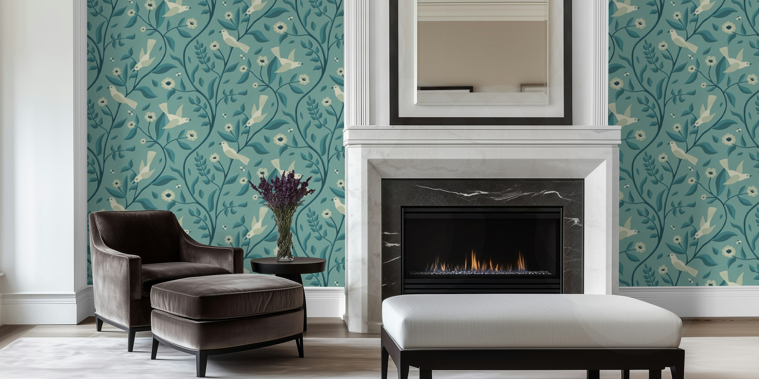 Birds in the Forest behang in teal blue green