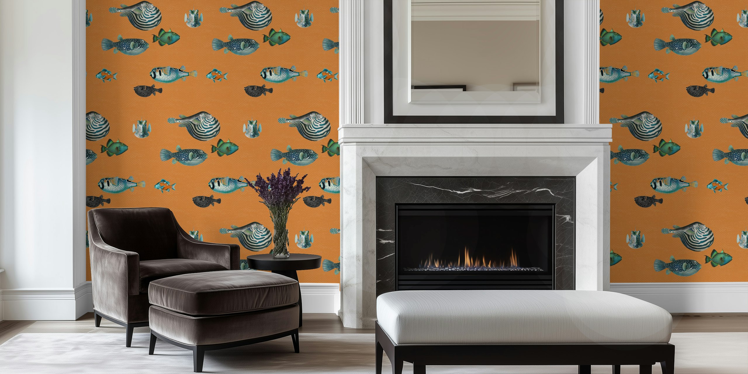 Orange fish pattern wallpaper in a room