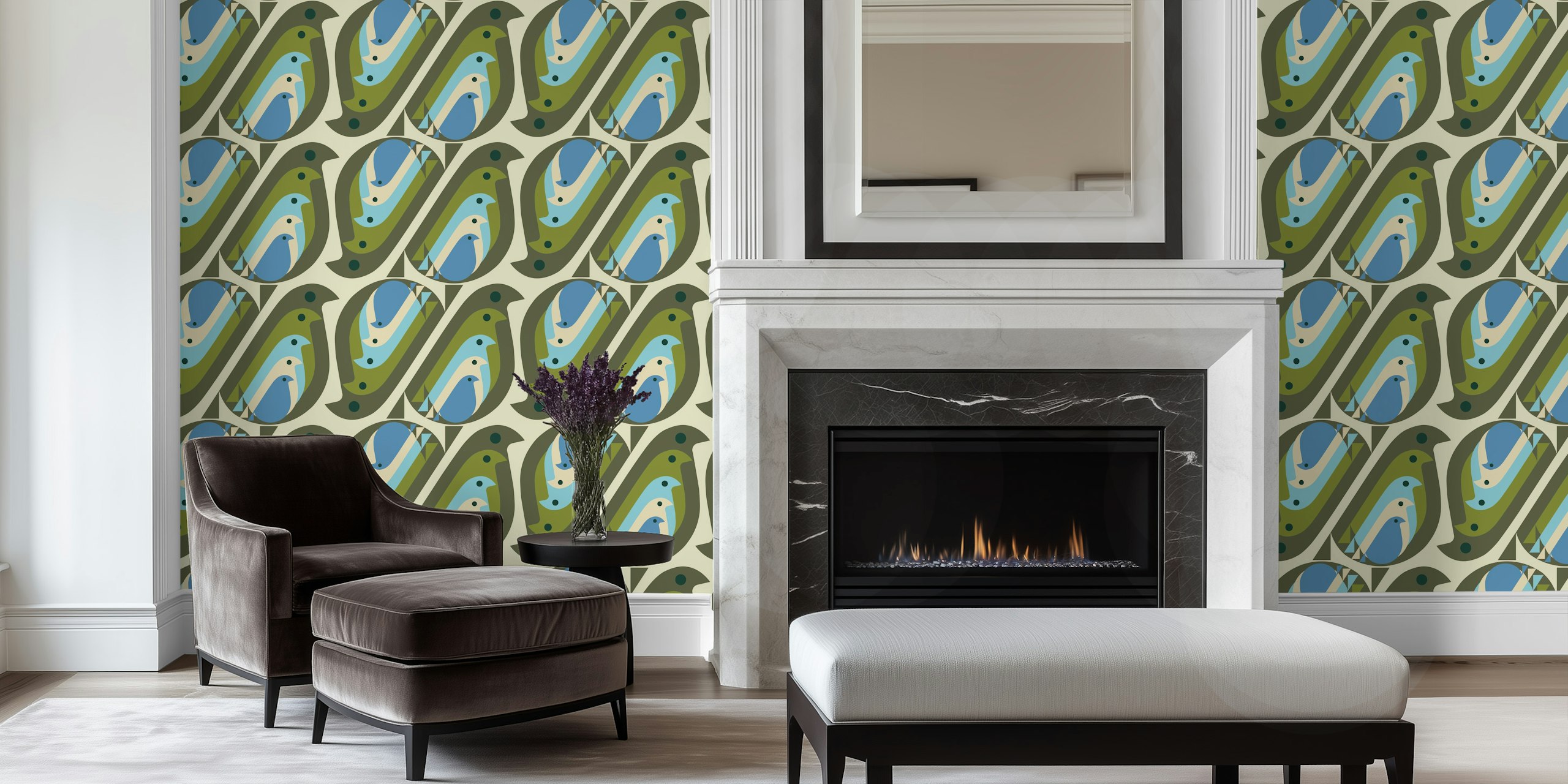 Colorful birds in blue and green patterns on cream wallpaper