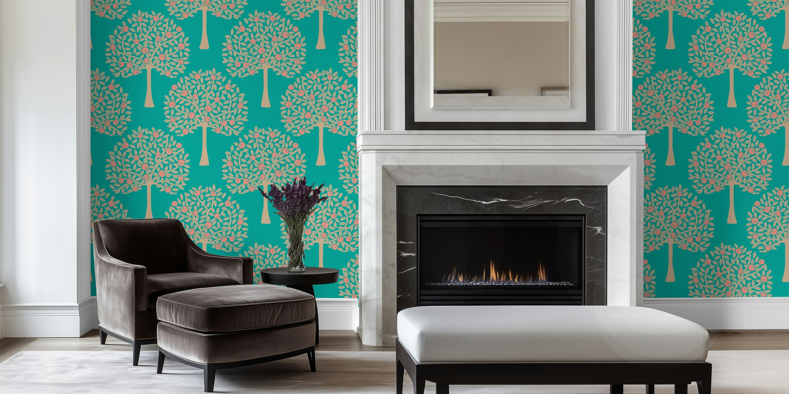 Citrus tree pattern with peach fruit and green leaves on turquoise wallpaper