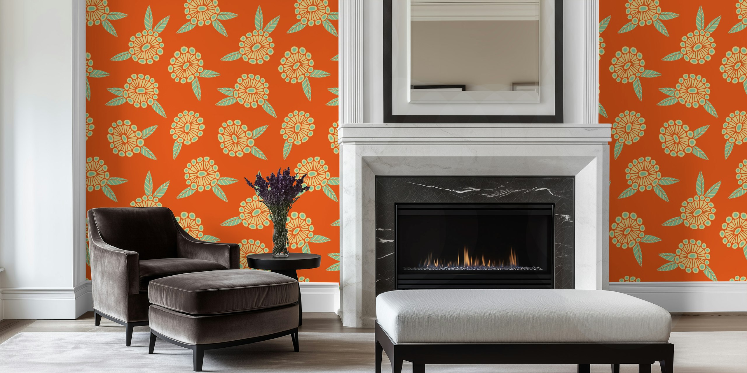 Decorazione murale con motivo floreale retrò caldo e solare su sfondo arancione brillante