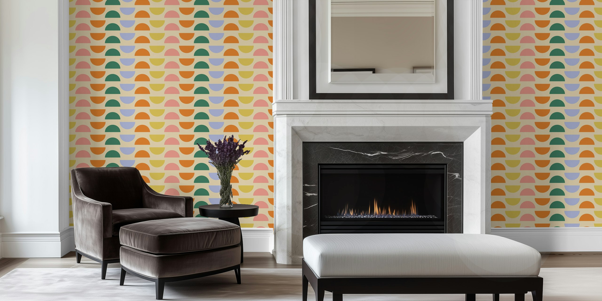 Pastel geometric shapes in pink, green, orange, and blue wallpaper