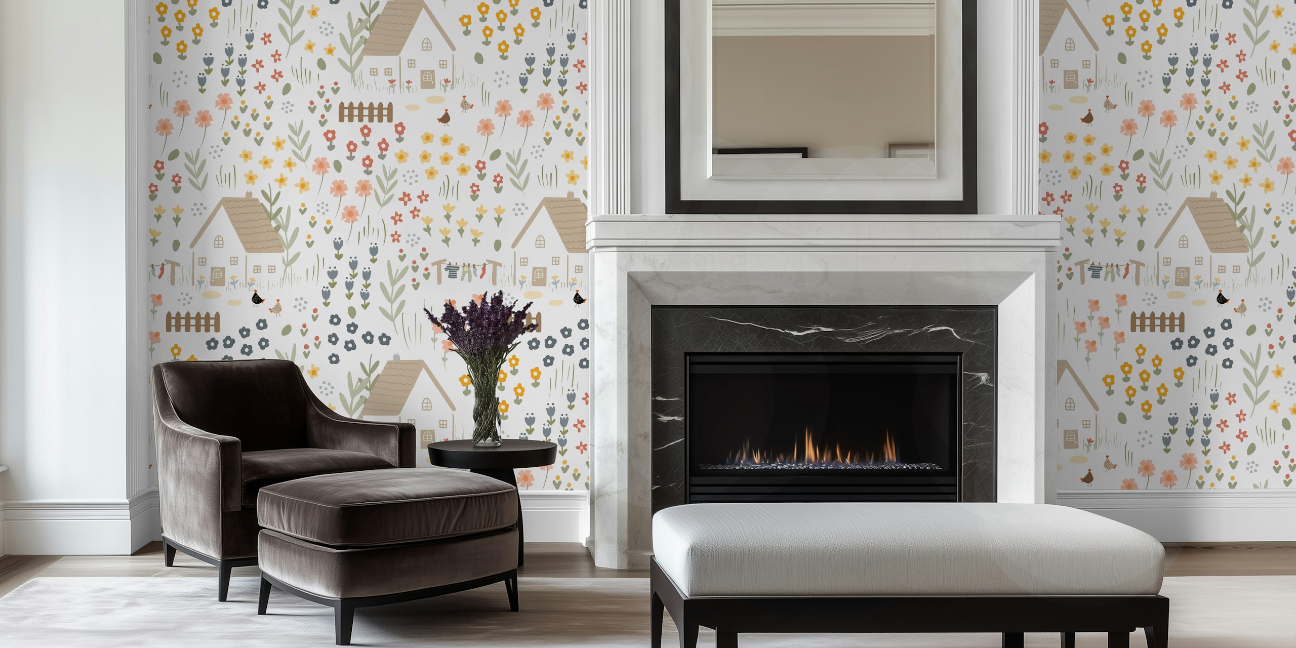 Tapeta inspirovaná chatkami s ručně kreslenými květinami, domy a zahradními prvky