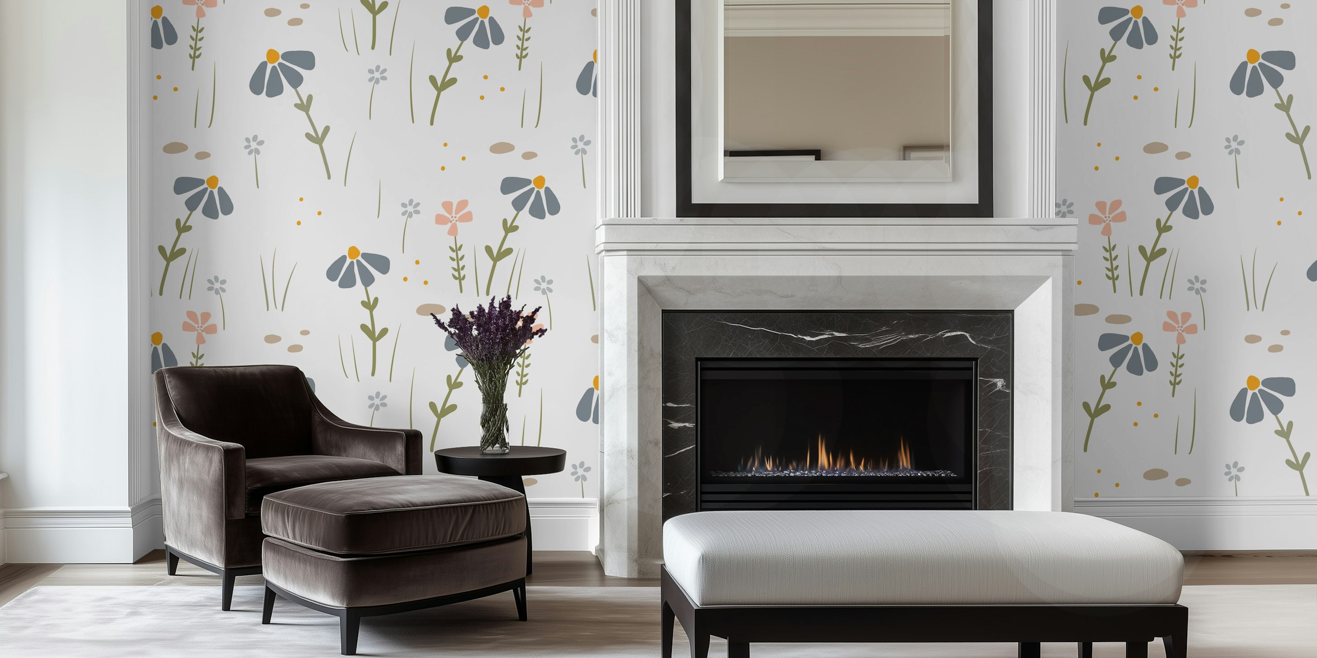 Blue wildflower patterns on light background wallpaper