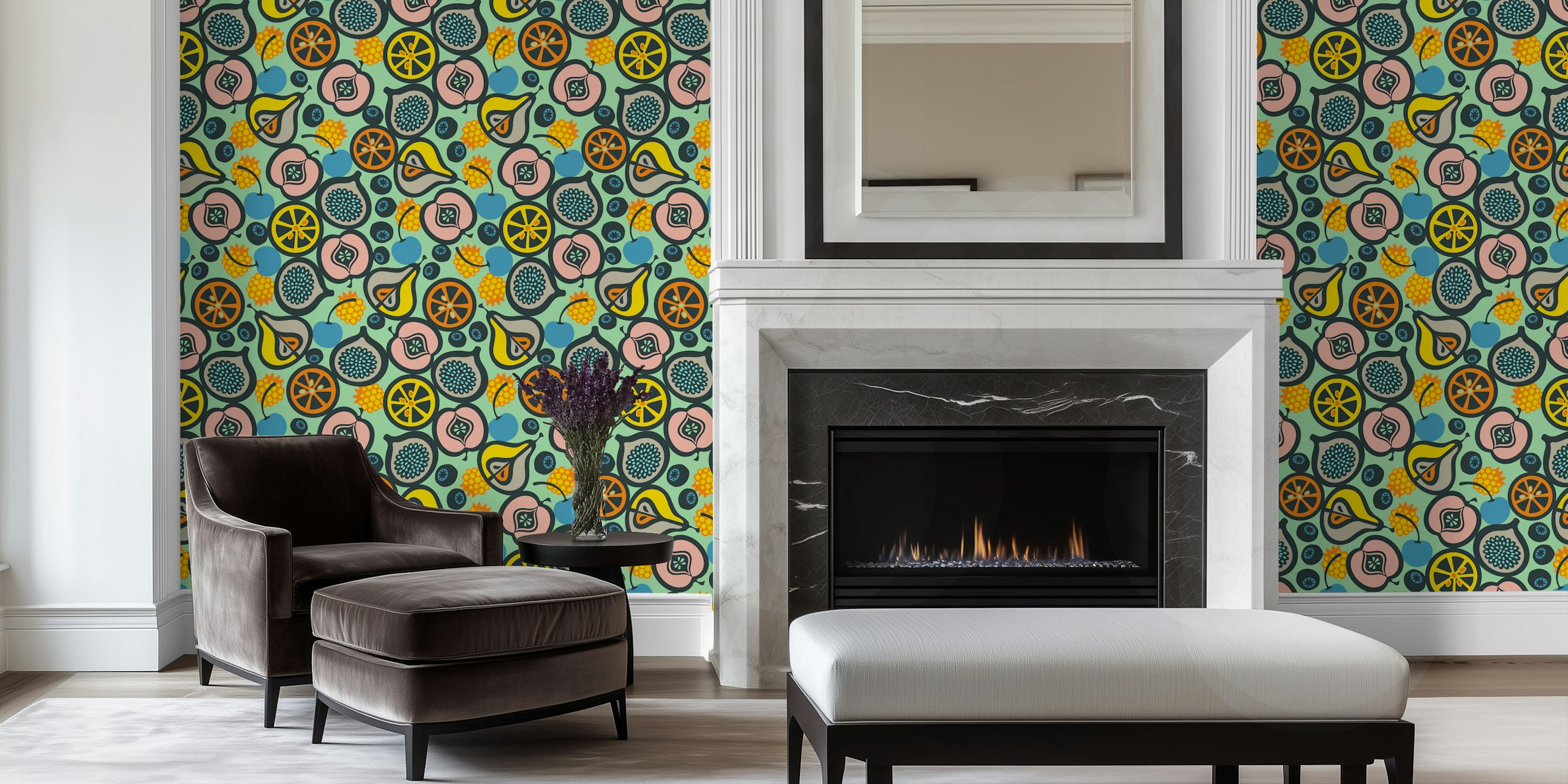 Retro fruit pattern wallpaper featuring colorful designs in green background
