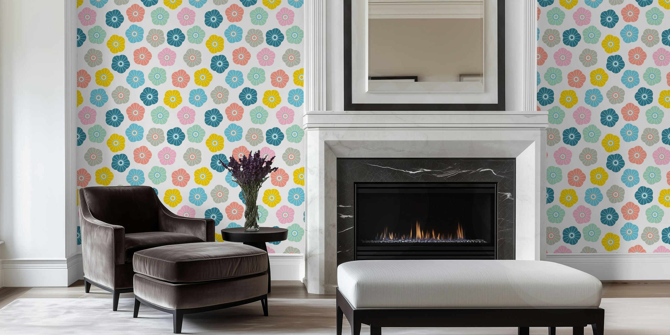 Pastelbloemenbehang Met Spring Daisies Fresh Floral - Pastel On Cream In Een Kamer