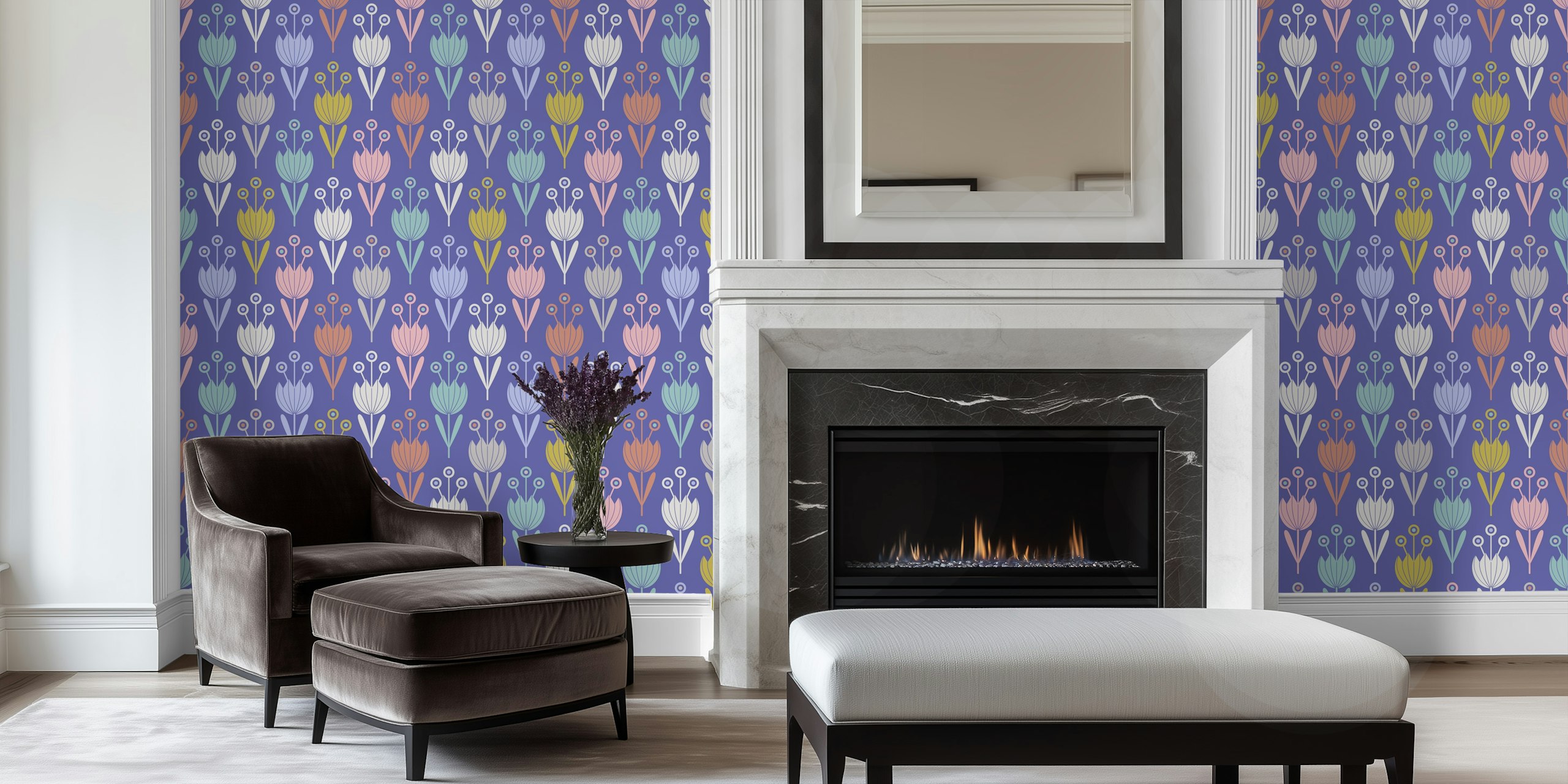 Fototapeta Spring Tulips Fresh Floral - Very Peri Purple Se Vzorem Stylizovaných Tulipánů V Jemných Odstínech Na Fialovém Pozadí
