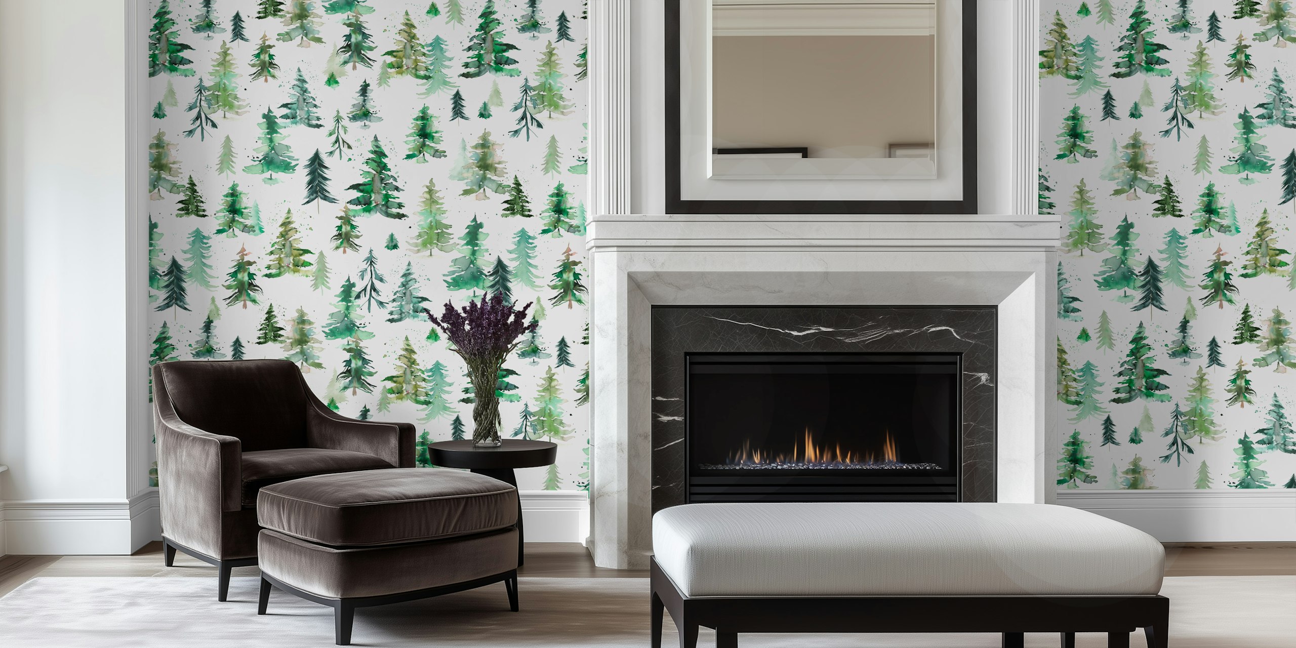 Illustrative forest and mountain wall mural depicting various trees on a white background