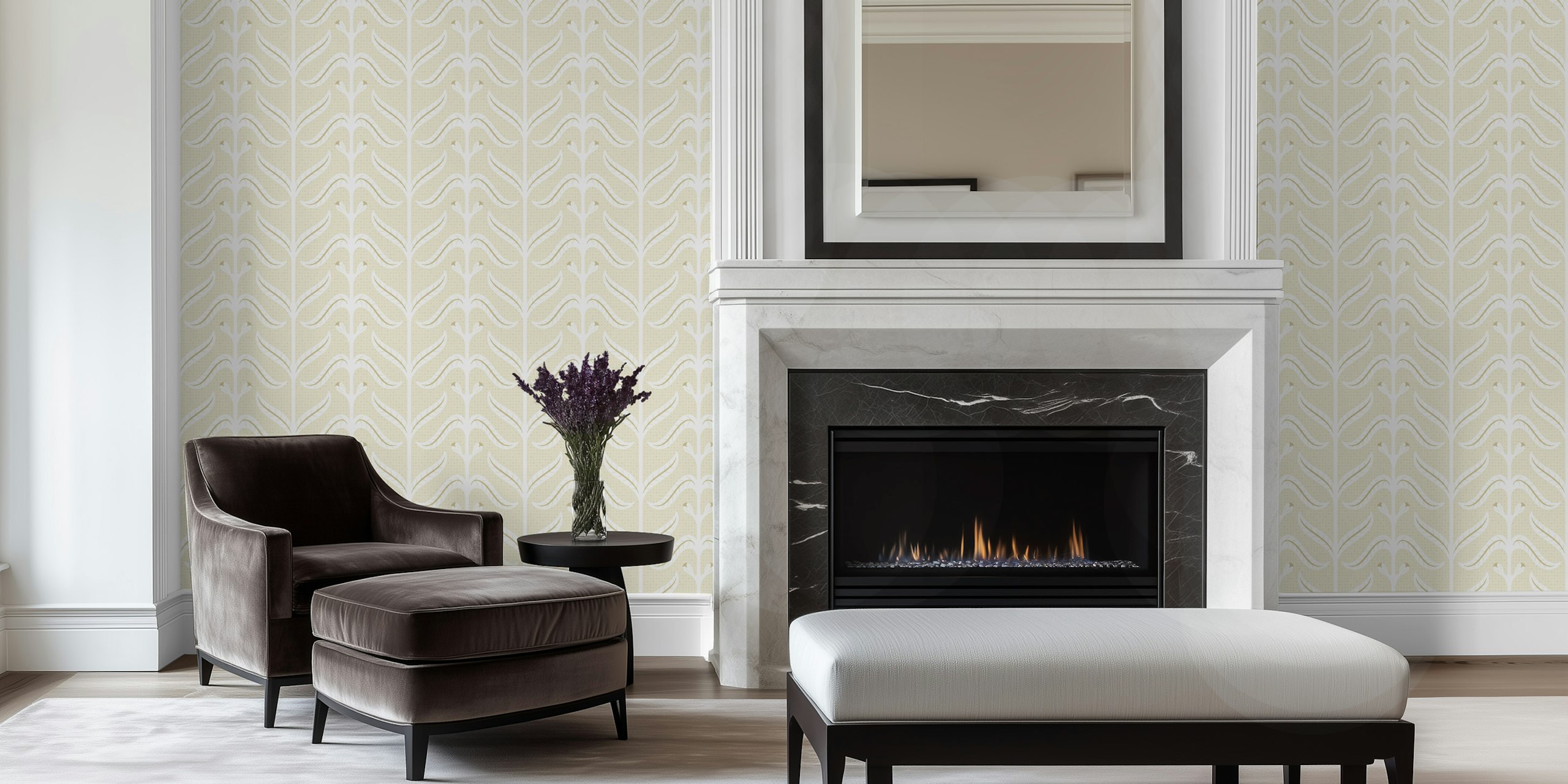 Off white floral pattern wallpaper with beige leaves and vines