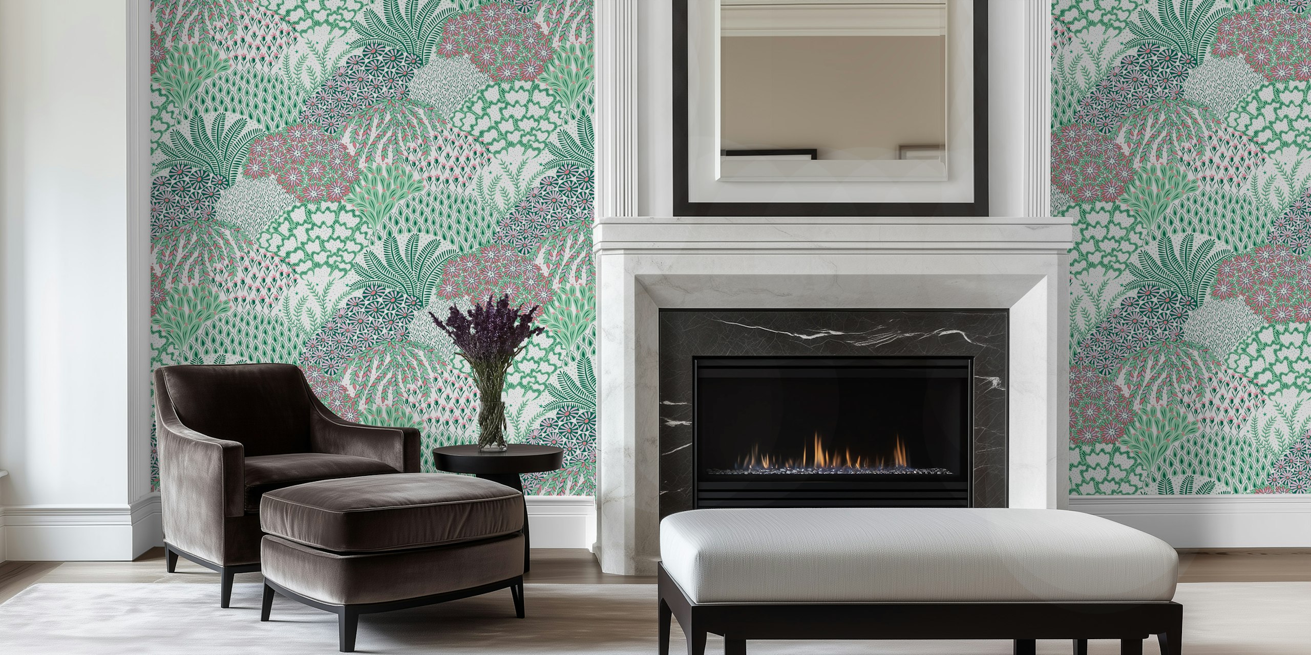 Colorful botanical floral wallpaper in green and pink shades