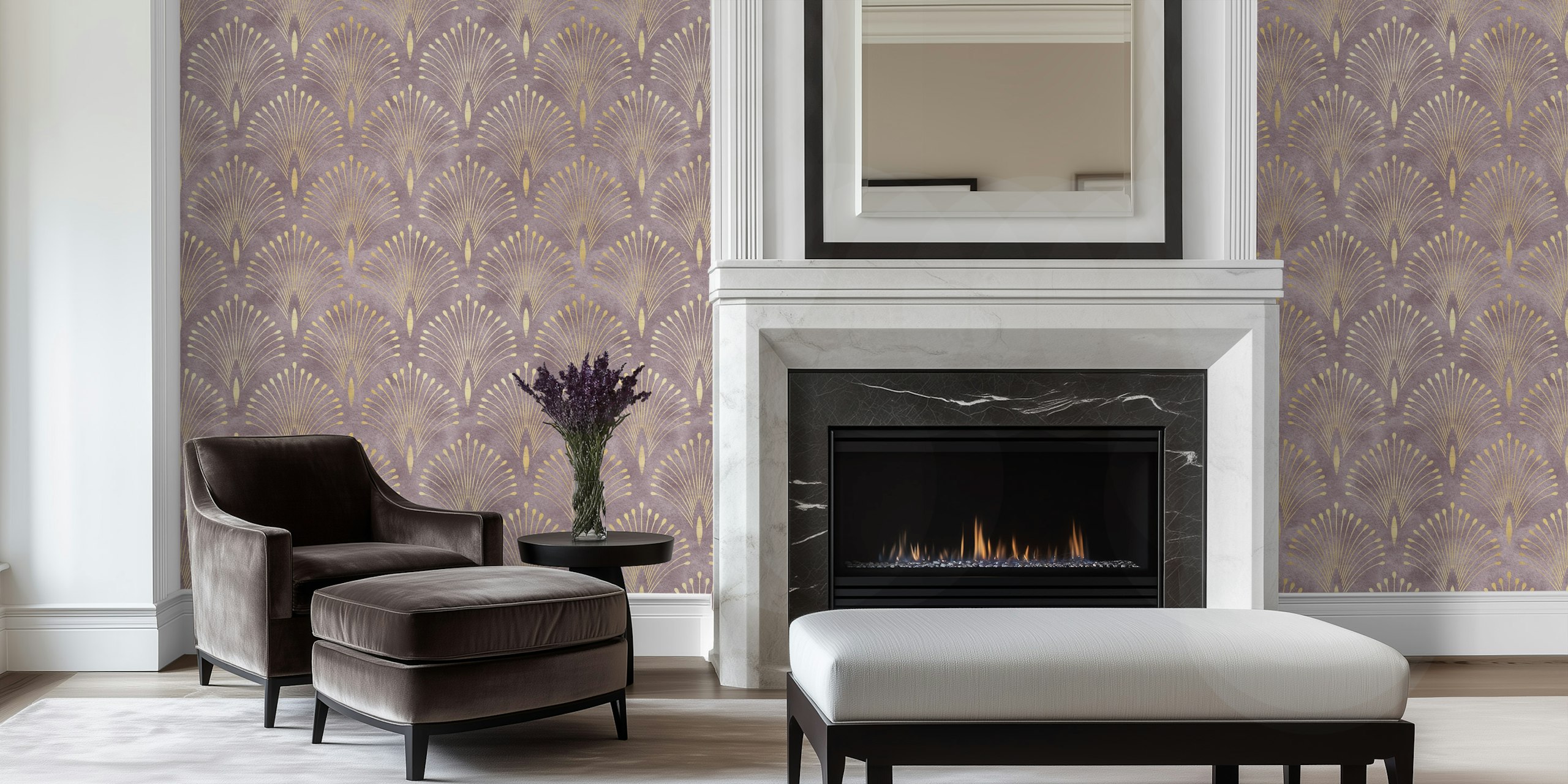Gold Art Deco fan pattern on a lavender background wallpaper