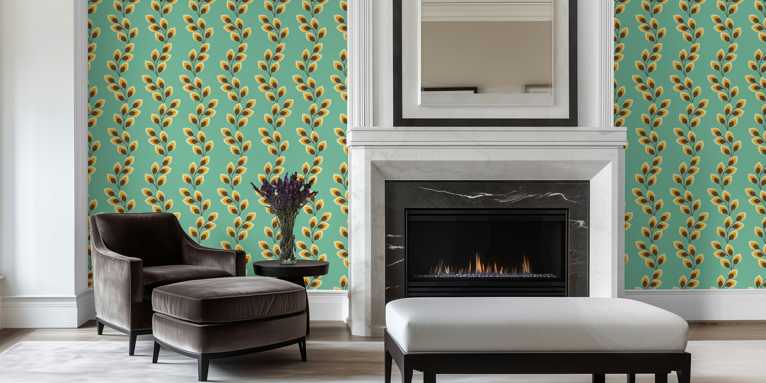 Papel de parede Retro wavy leaves em teal