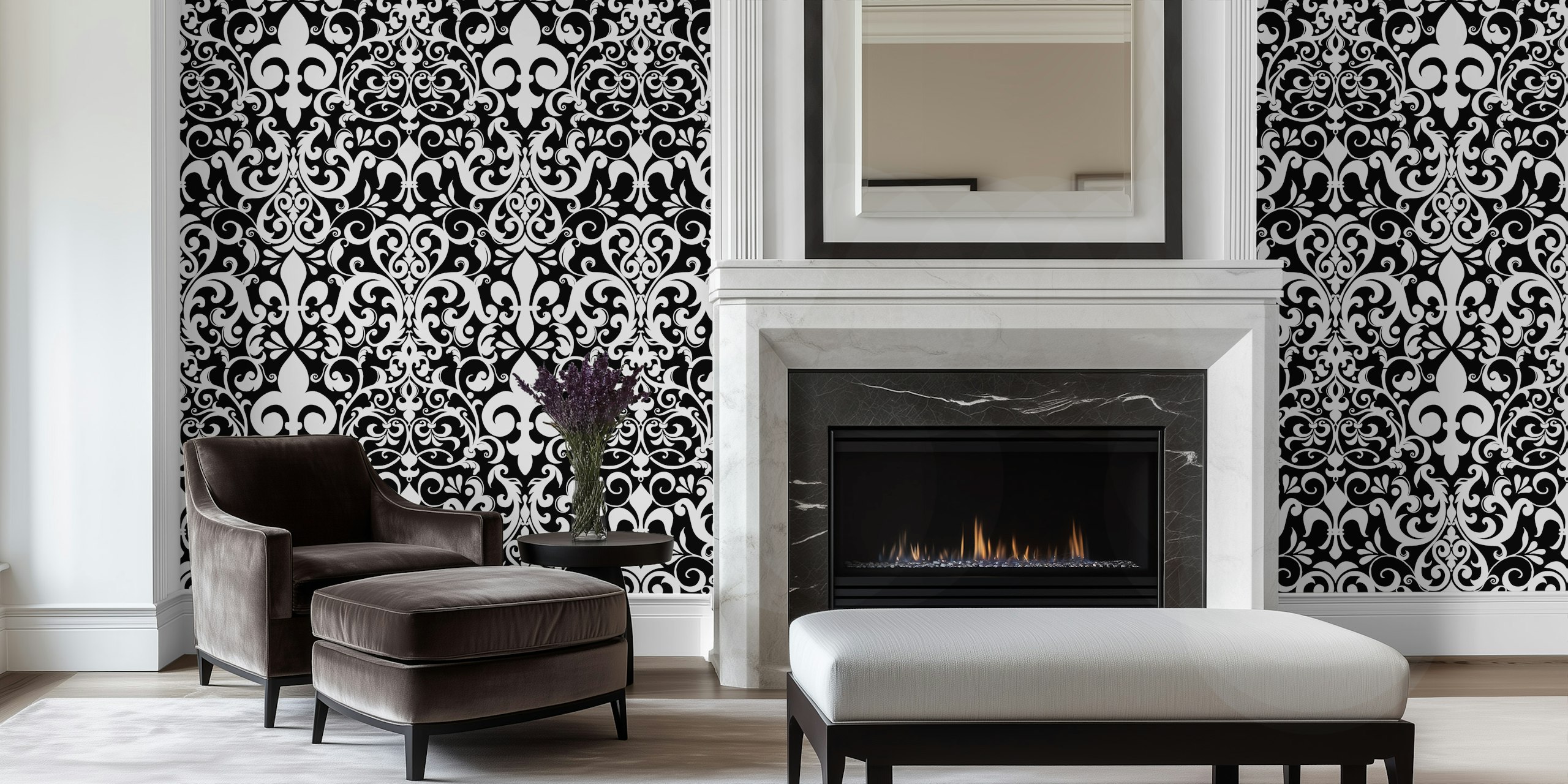 Fleur de lis damask pattern in black and white wallpaper