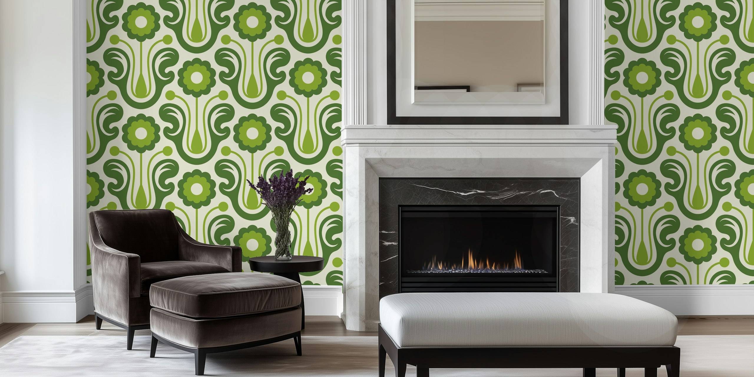 Vintage daisies monochrome green wallpaper in a room