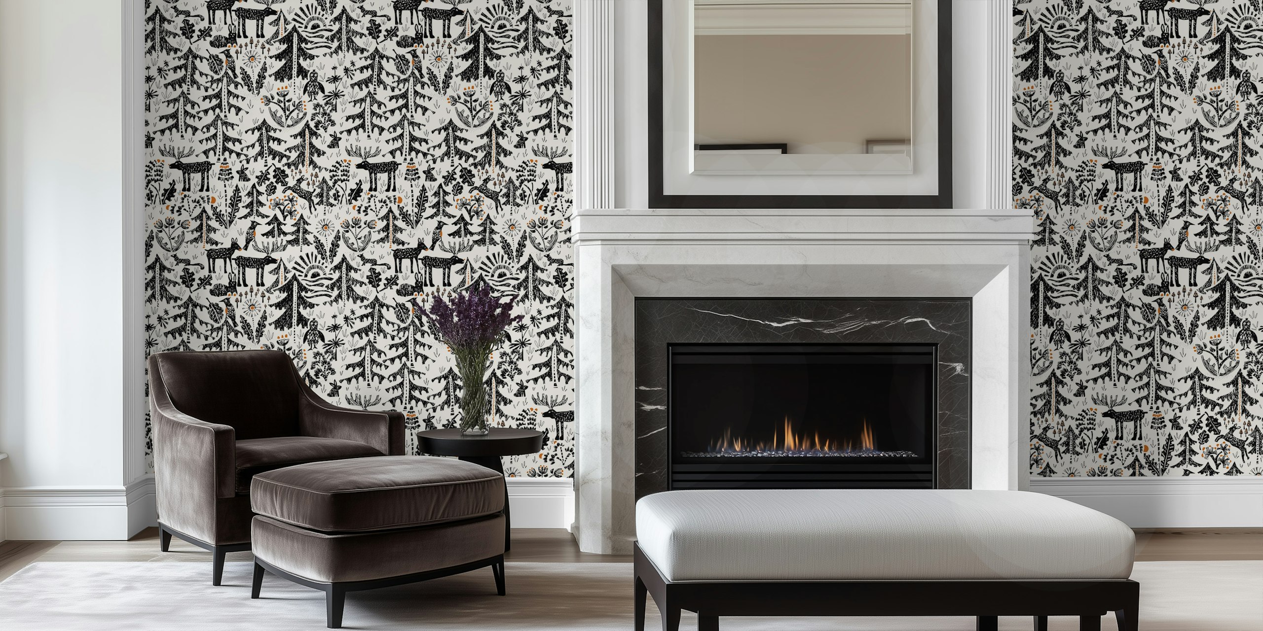 Nature-themed wallpaper featuring black trees, animals, and flowers with orange accents