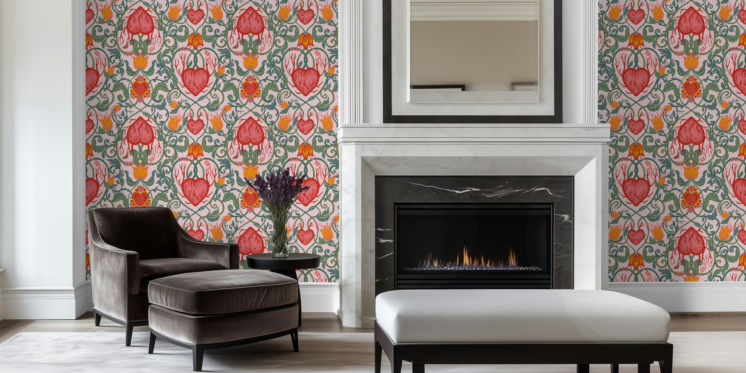 Victorian-style wall mural with valentines hearts and floral patterns