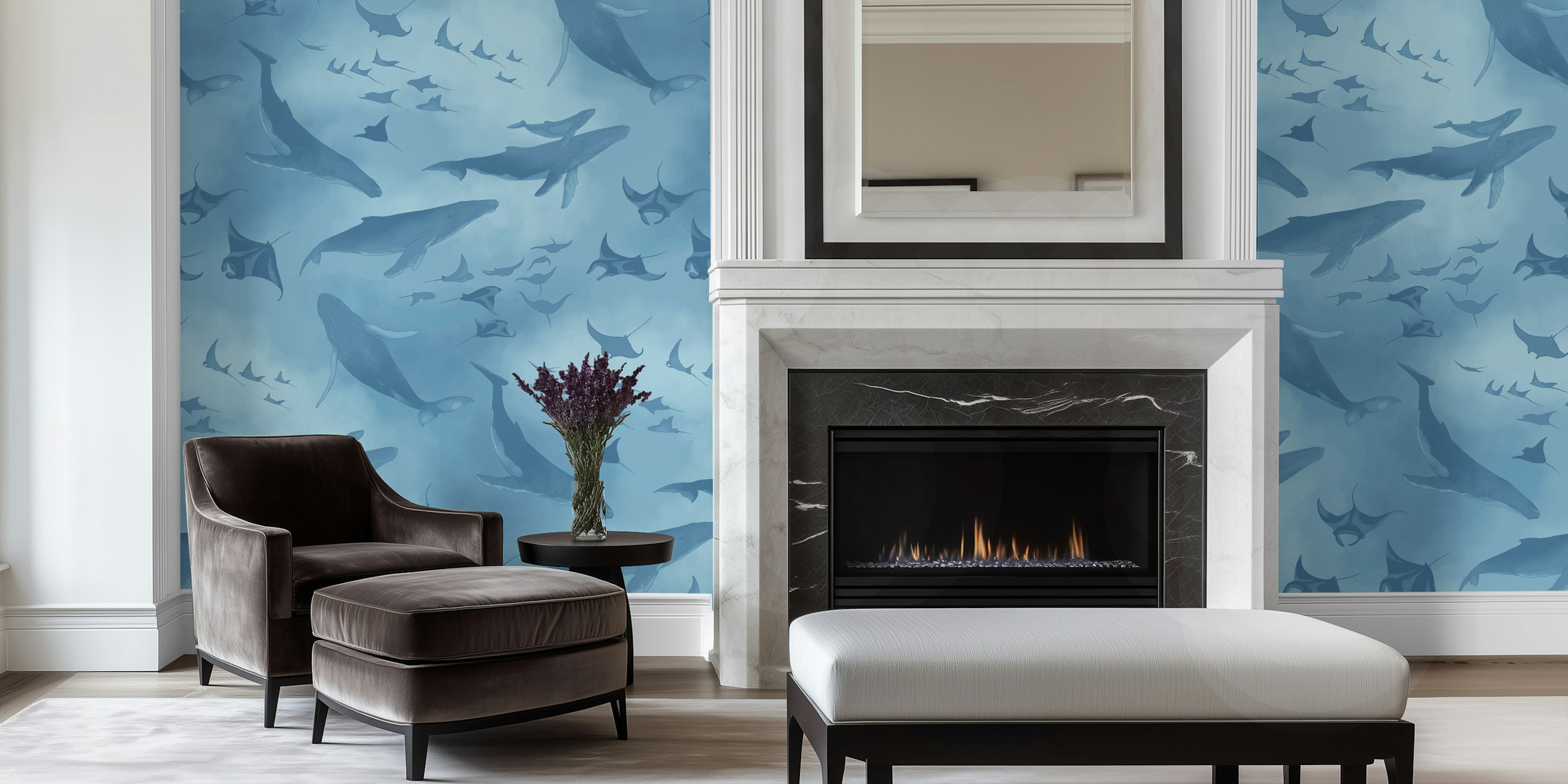 Baby blue ocean-themed wall mural with marine wildlife illustrations