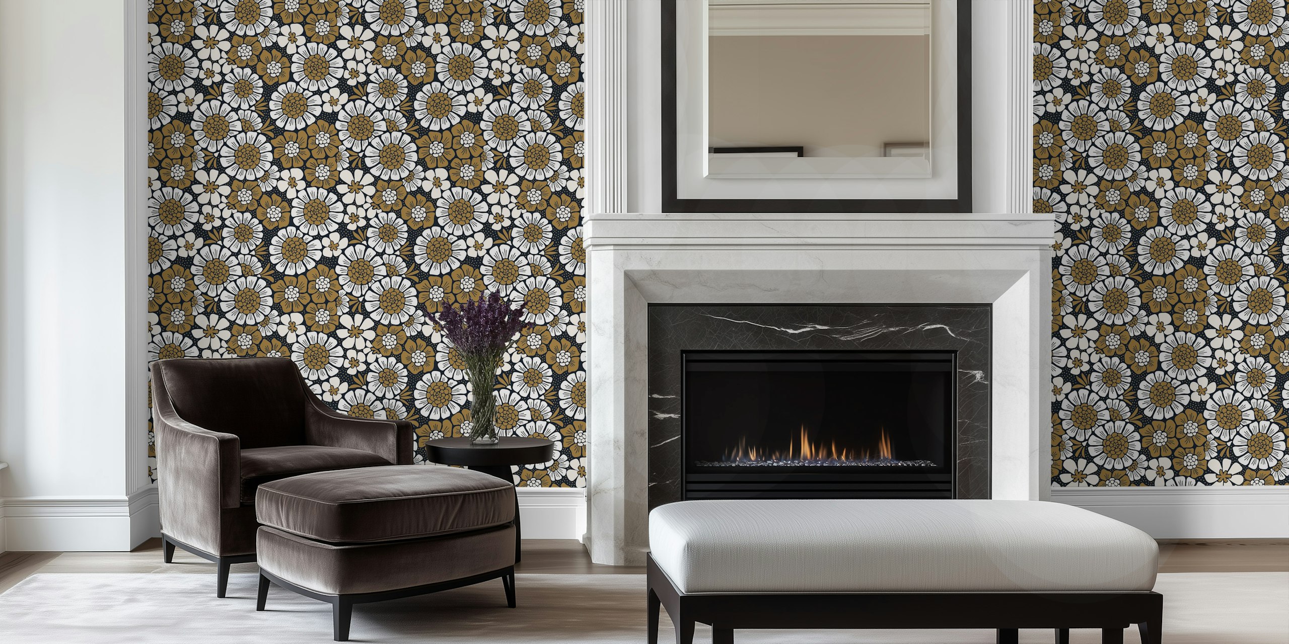 Black and gold floral pattern wallpaper featuring various flowers on a dark background