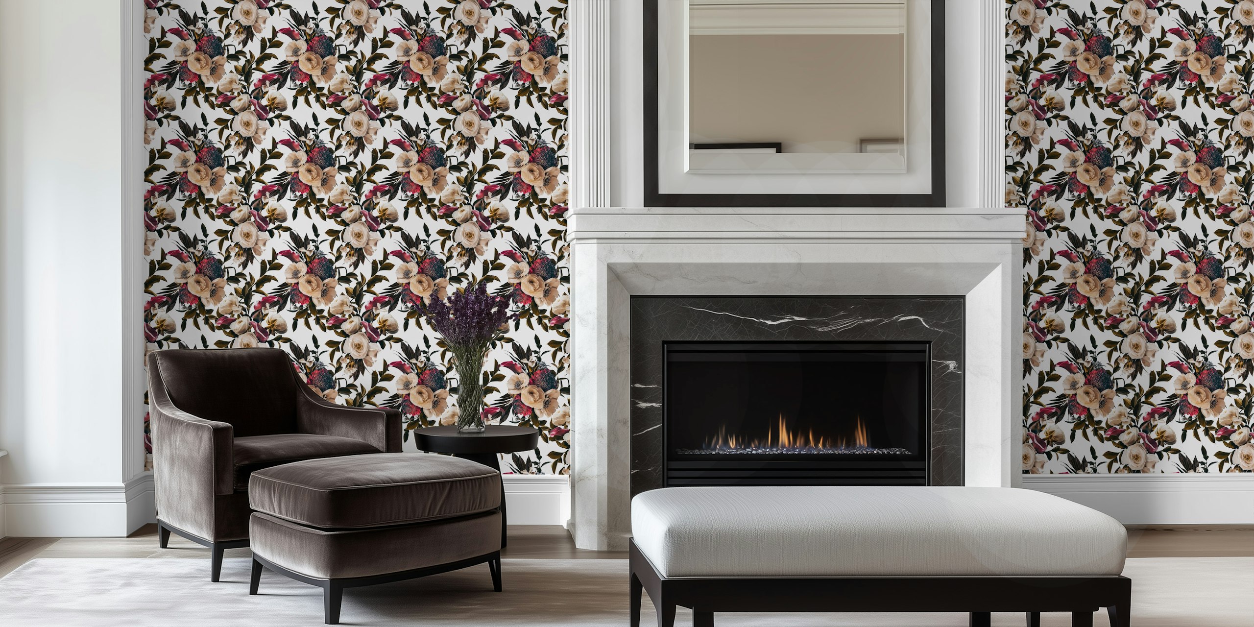Floral pattern with cream and burgundy roses, greenery wallpaper