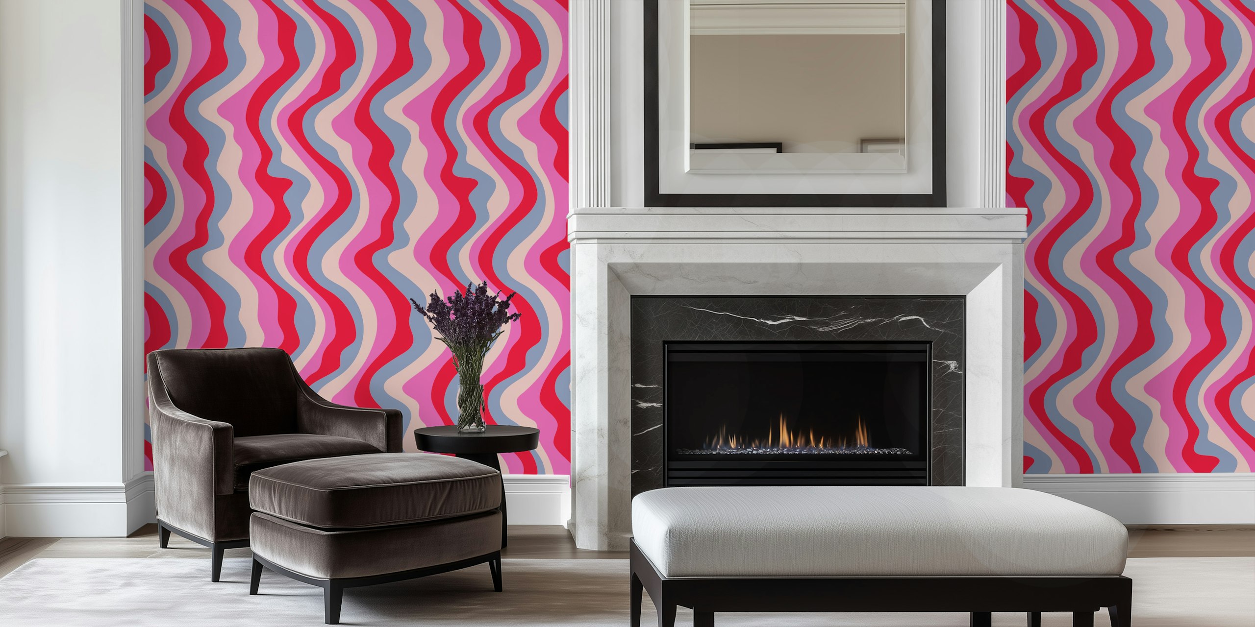Wavy Stripes tapetti fuksia ja punaista