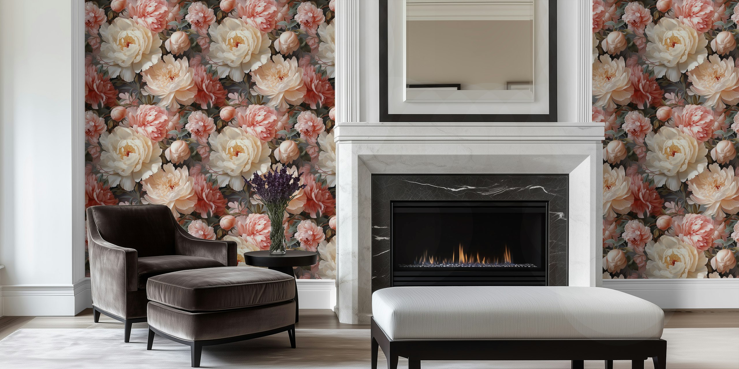Detailed flowers in shades of pink and cream on dark wallpaper