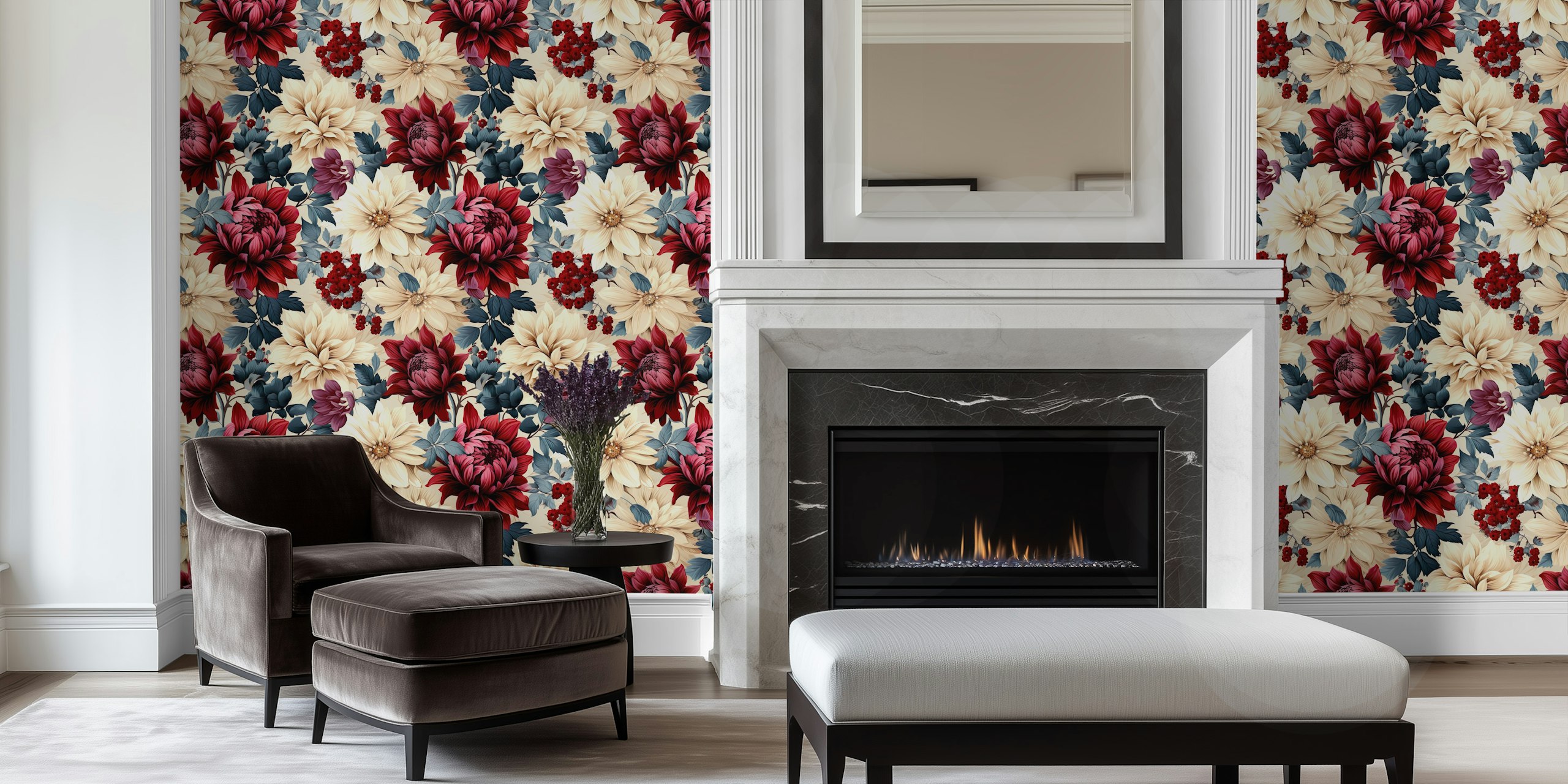 A close-up of the Whimsical Peony Delight wall mural showcasing red, blue, and cream peonies.