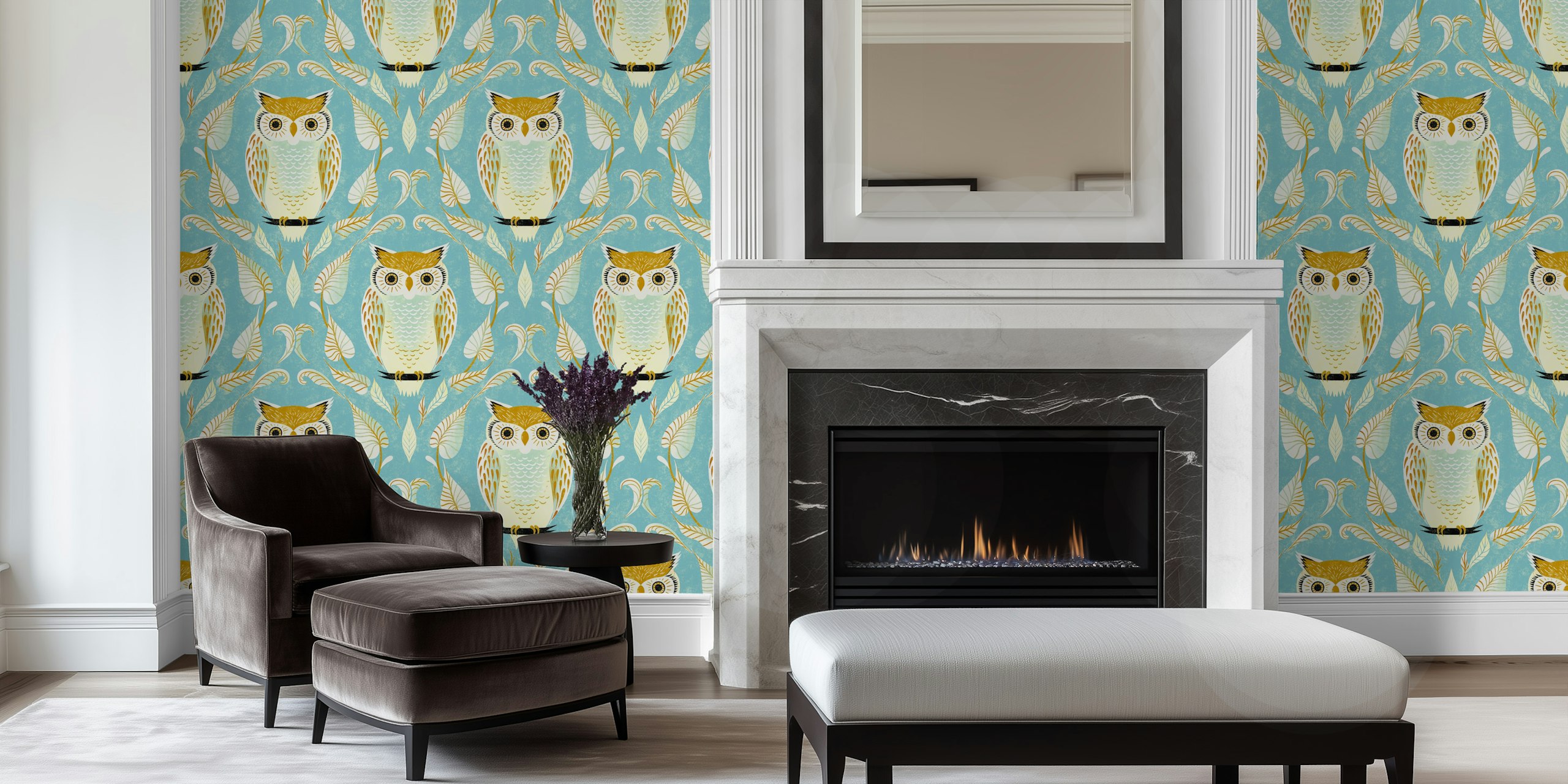 Colorful snow owl and leaf pattern on aqua blue wallpaper