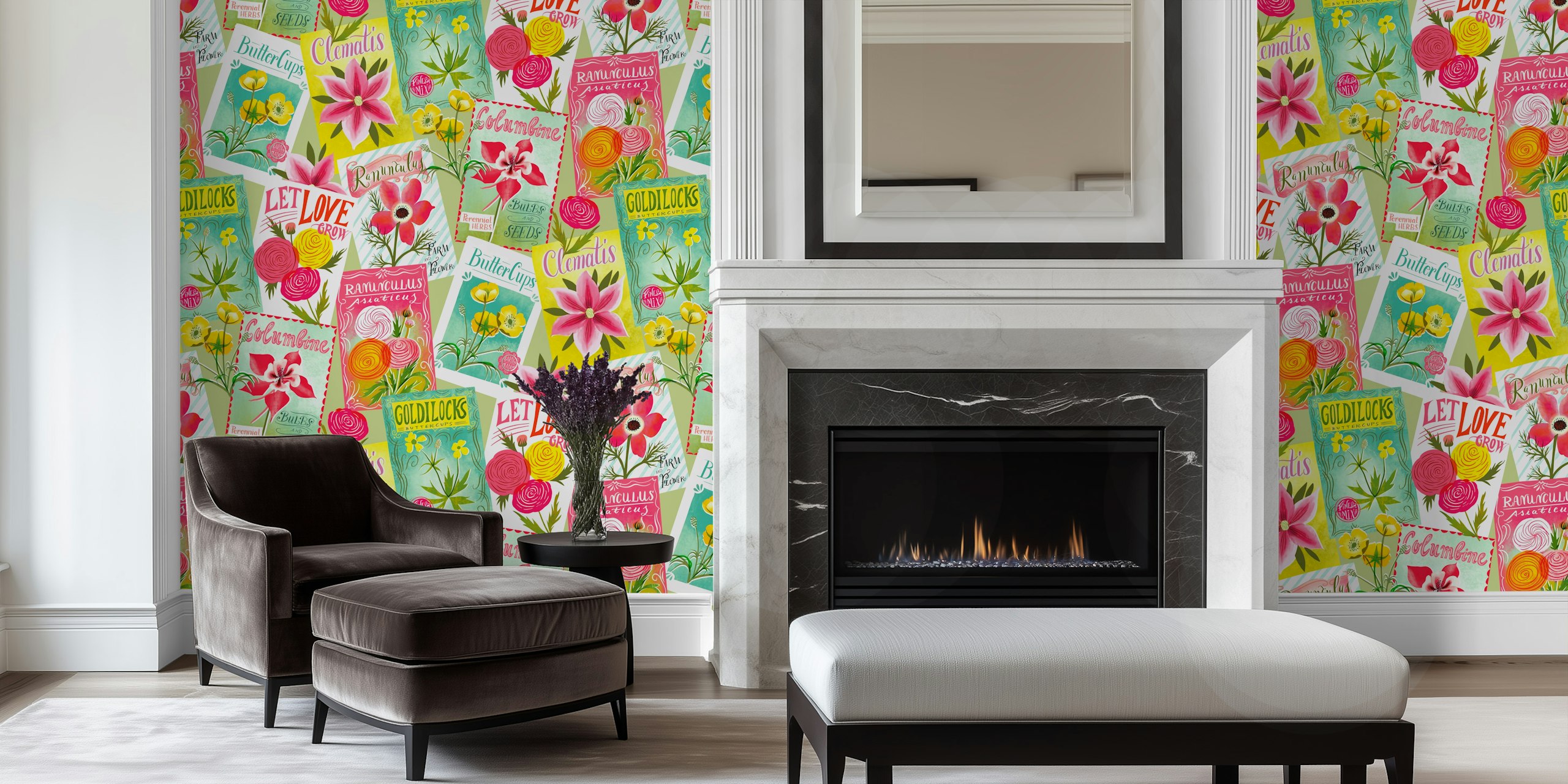 Vintage seed packets wallpaper design in a room