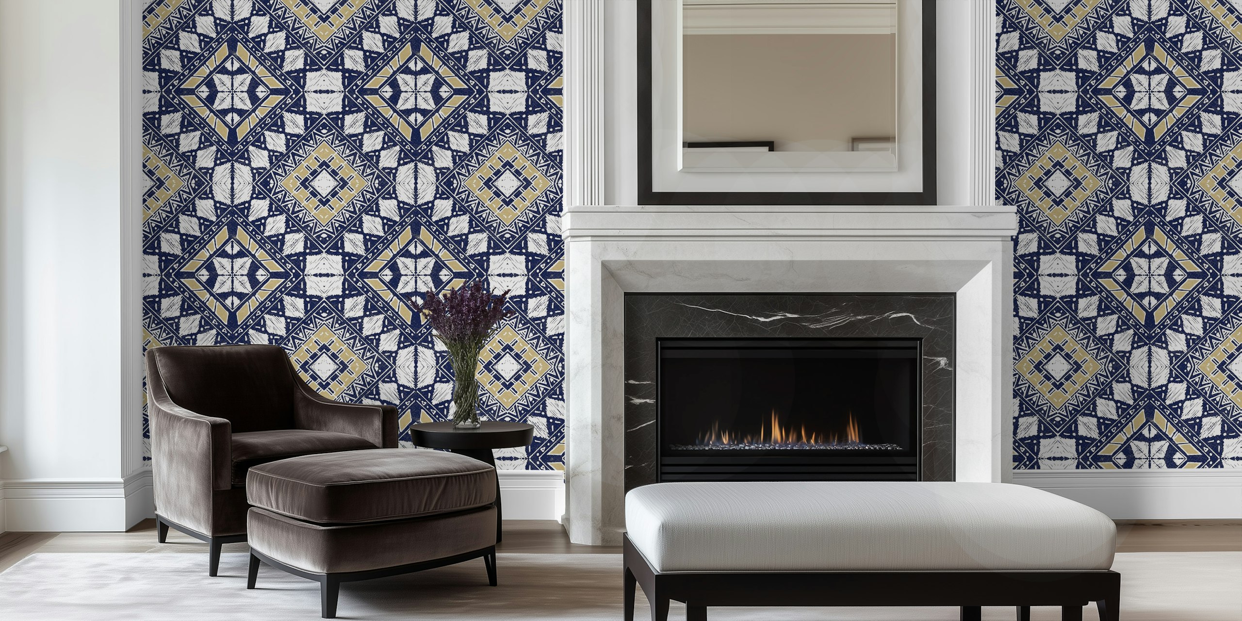 Geometric tribal pattern in navy blue and gold colors wallpaper