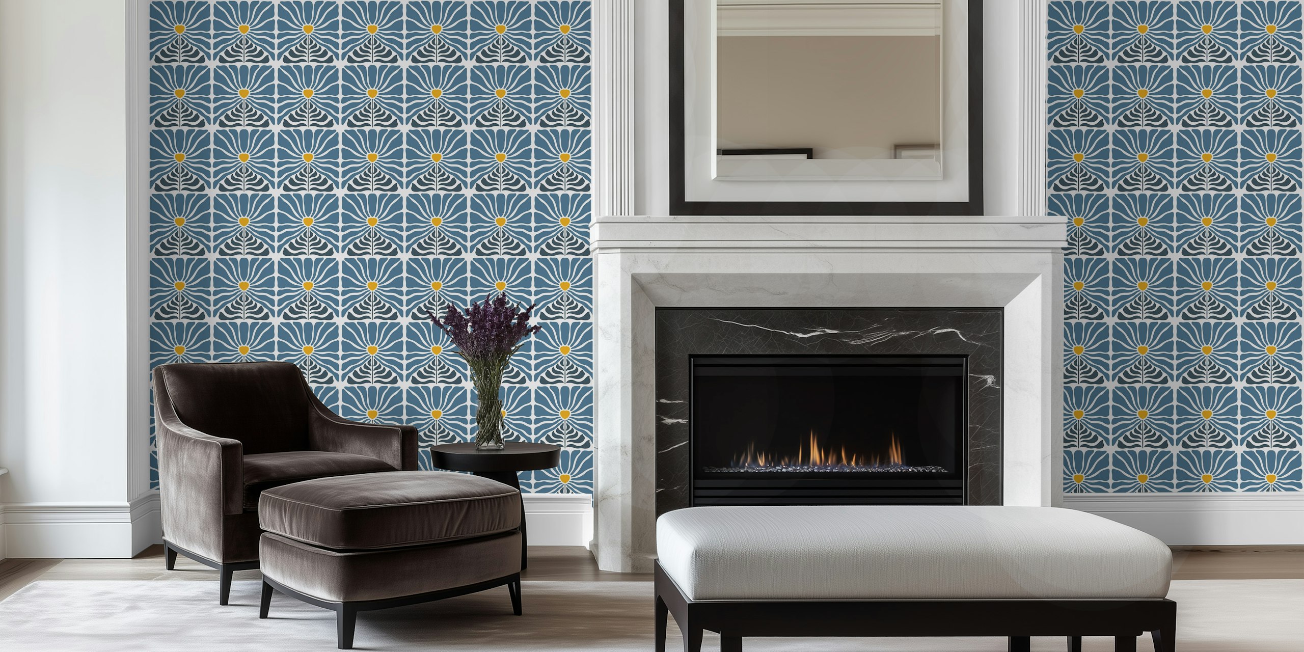 Vintage-inspired wall mural featuring blue flowers with yellow centers on a retro patterned background