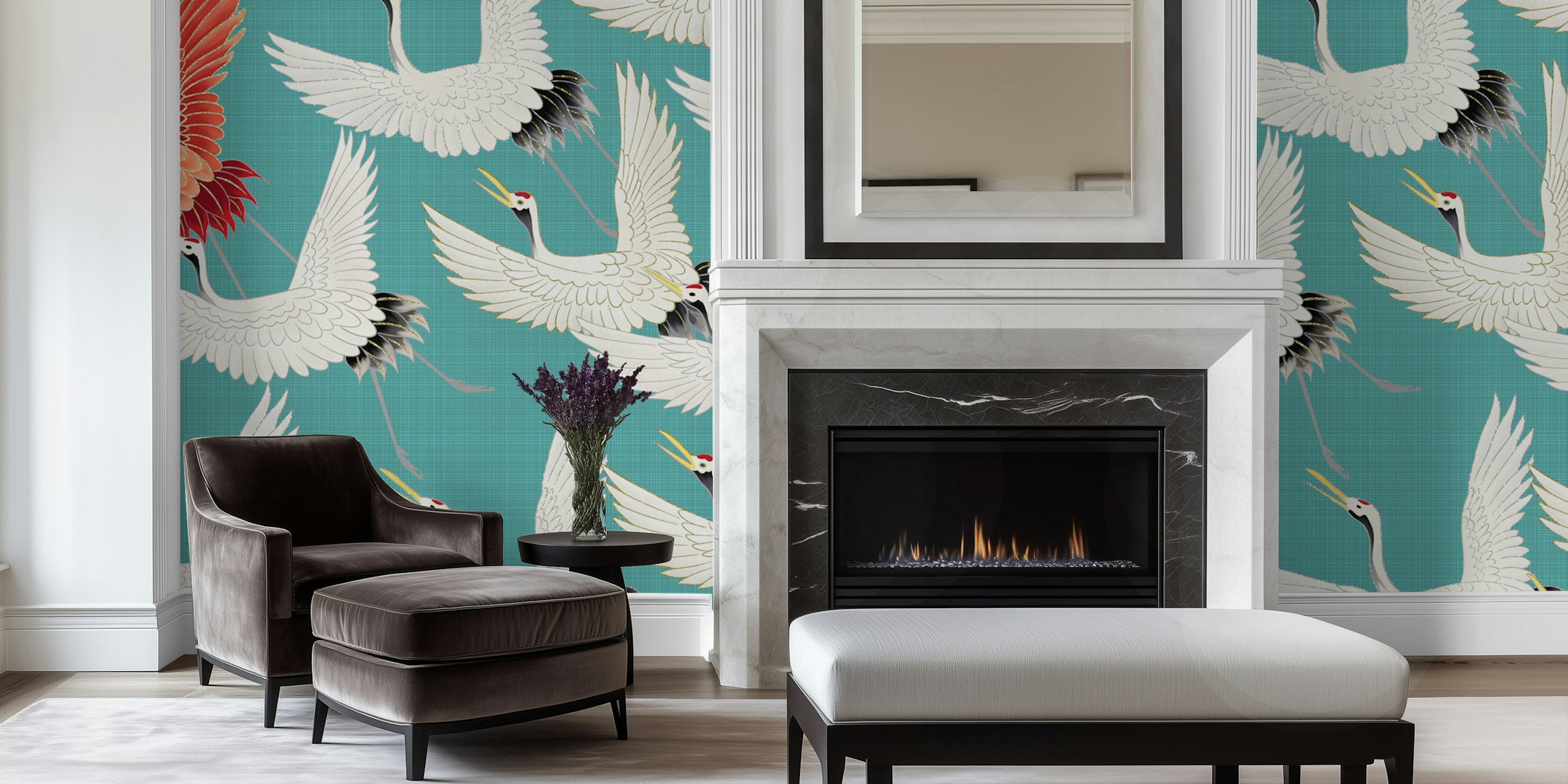 Papel tapiz de Japanese Cranes en una habitación moderna