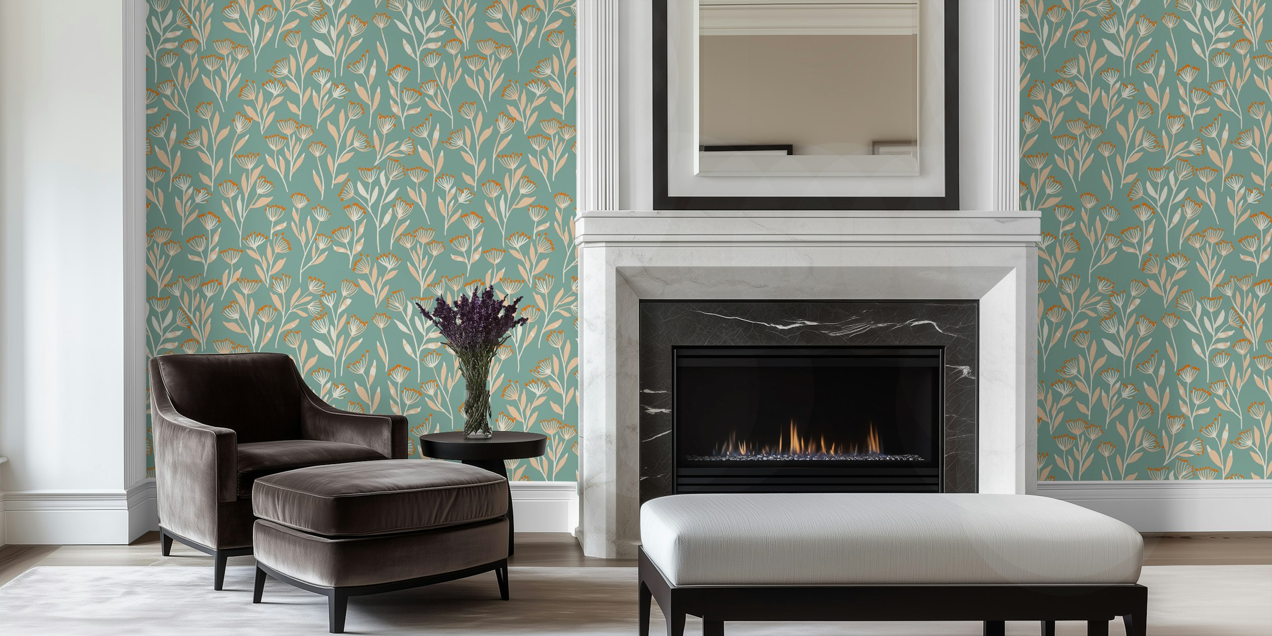 Floral pattern with light peach flowers and leaves on mint green wallpaper